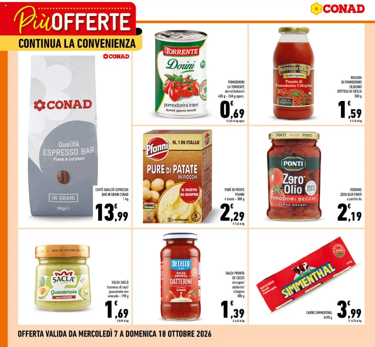 Volantino Conad del 07/10/2026 | Pagina: 1 | Prodotti: Fiocchi, Olio, Carne, Pomodori secchi