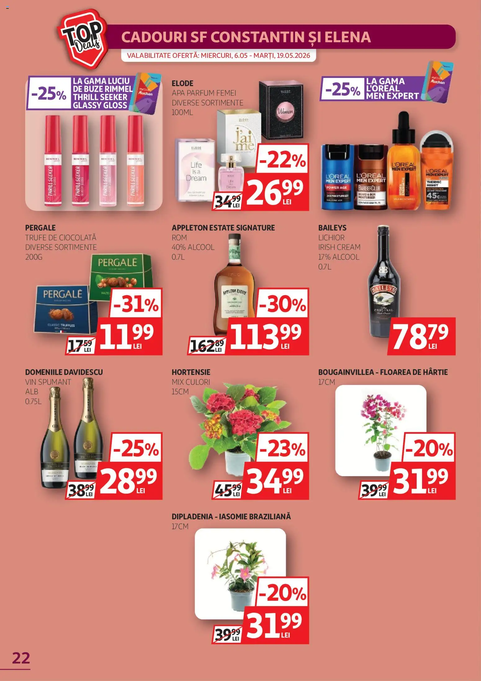 Noul catalog Auchan – valabil de la 06.05.2026 | Pagină: 22 | Produse: Dipladenia, Parfum, Ciocolată, Apă