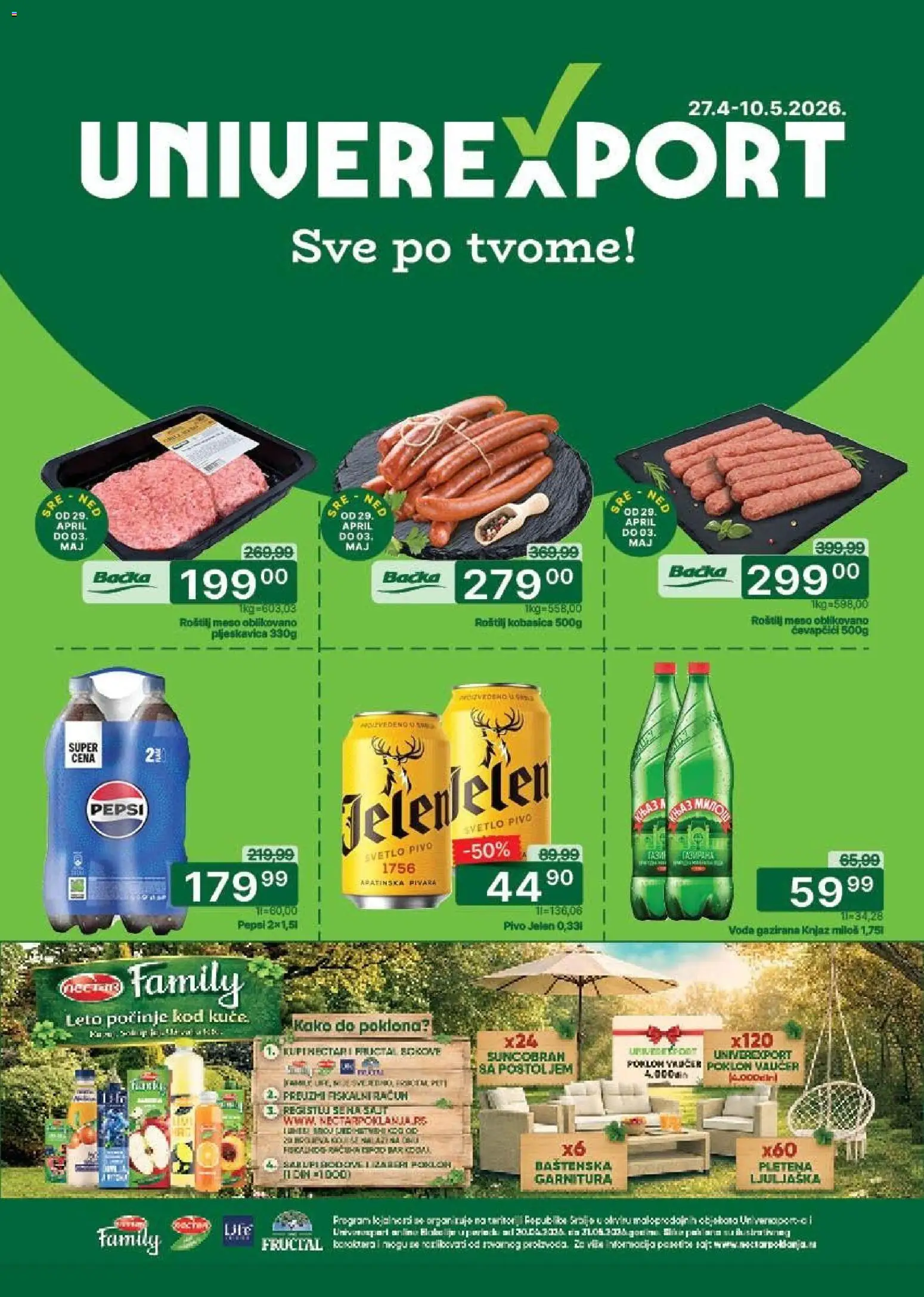 Univerexport katalog - važi od 27.04.2026 | Strana: 1 | Proizvode: Ljuljaška, Pivo, Suncobran, Roštilj