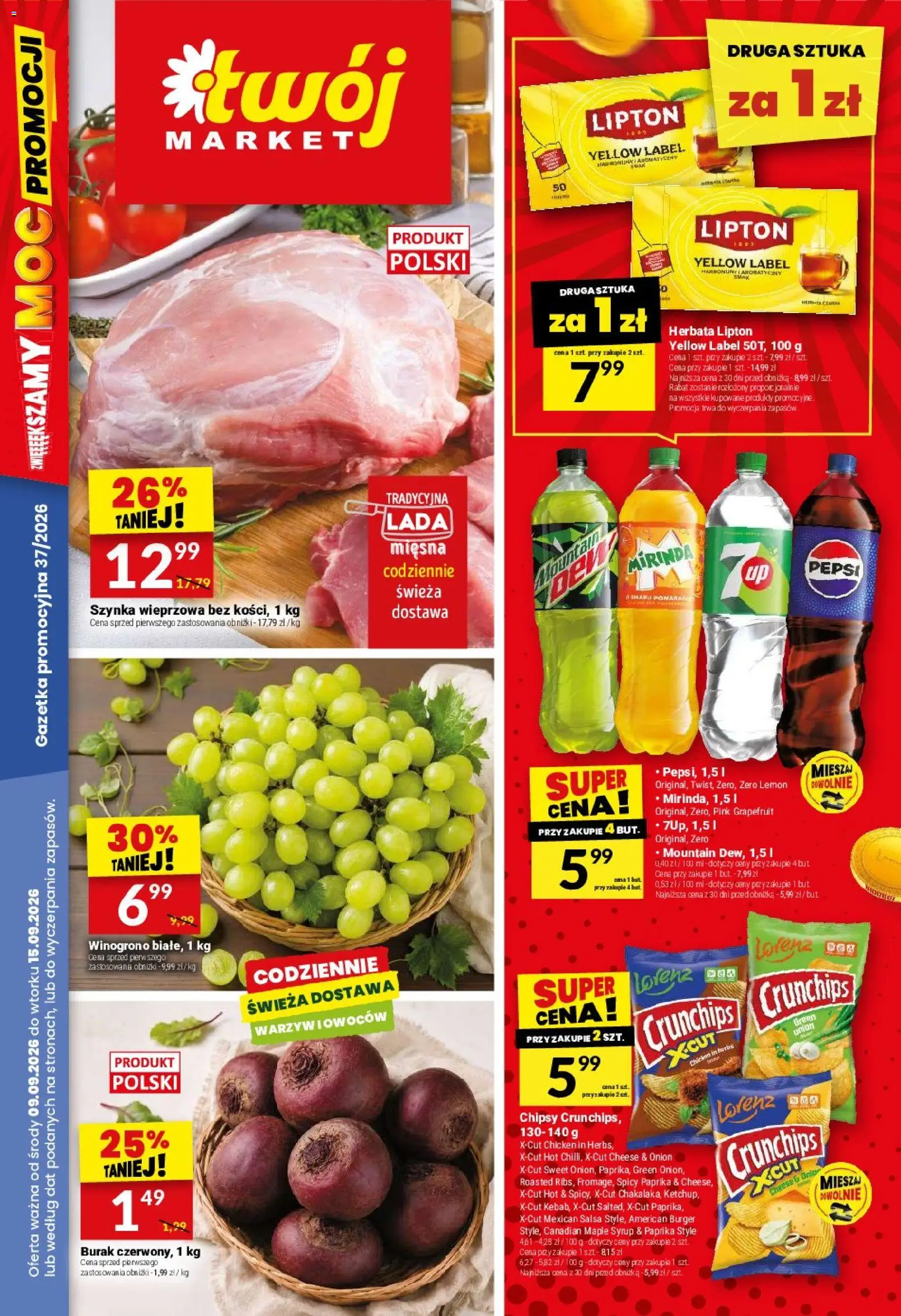 Twój Market gazetka od 09.09.2026 | Strona: 1 | Produkty: Pepsi, Szynka wieprzowa, Szynka, Herbata