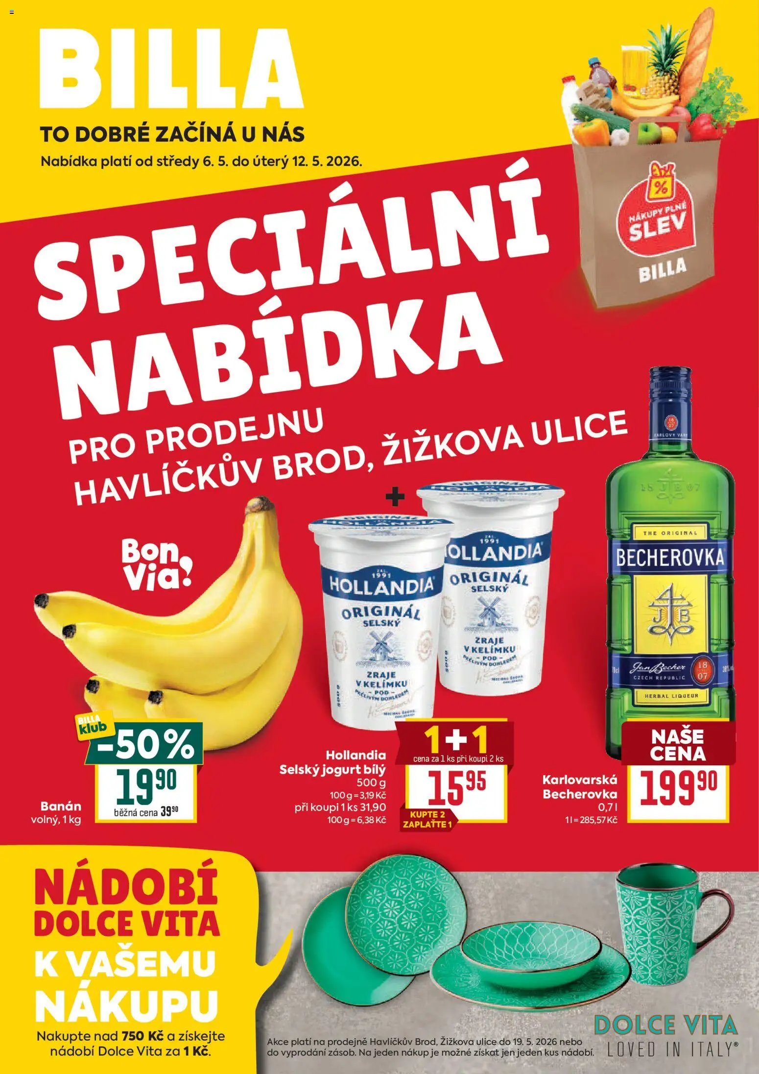 Billa leták - Havlíčkův Brod od 06.05.2026 | Strana: 1 | Produkty: Jogurt, Nádobí, Banán, Becherovka