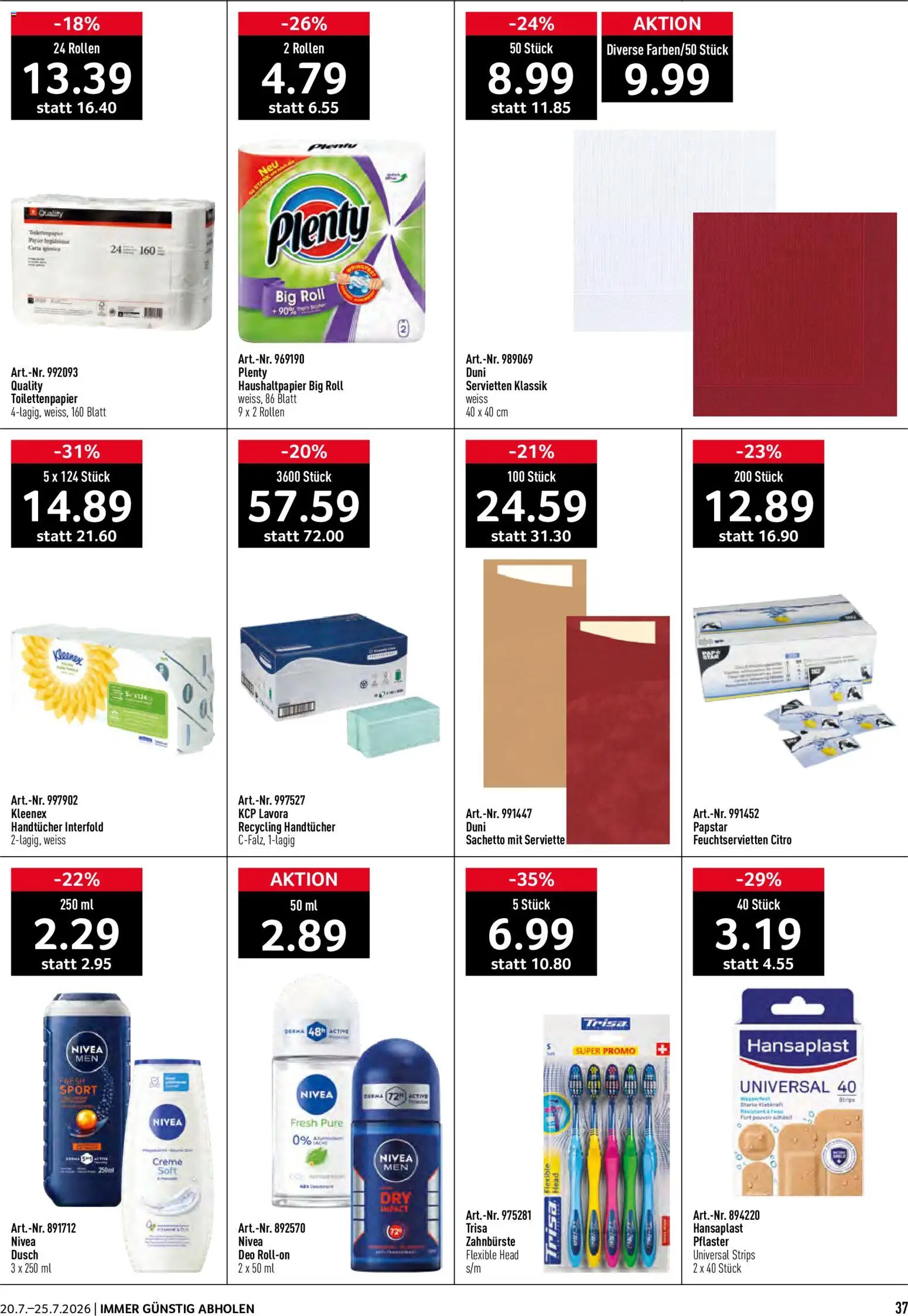 Prodega aktionen – gültig ab 20.07.2026 | Seite: 37 | Produkte: Handtücher, Zahnbürste, Creme, Toilettenpapier