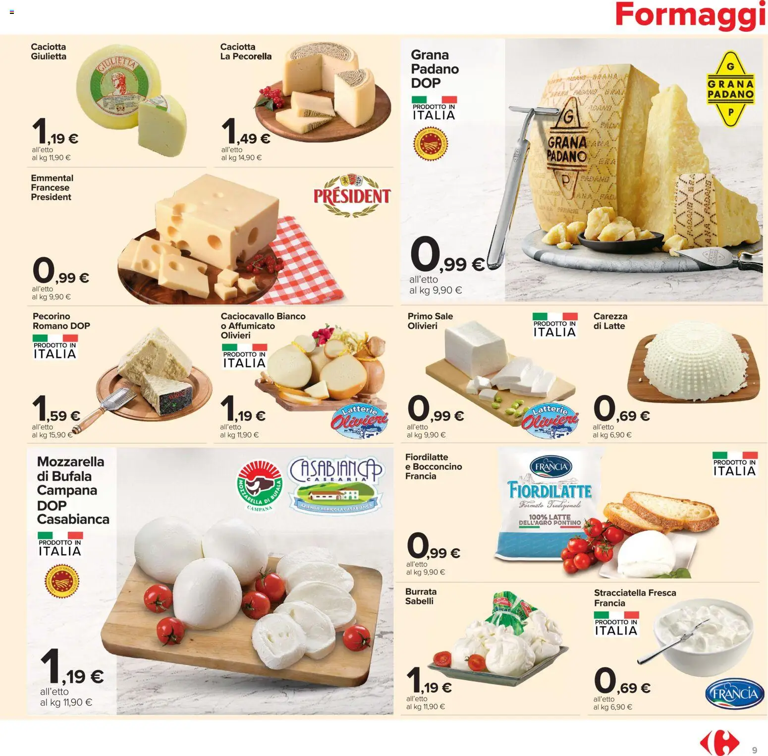 Volantino Carrefour del 16.06.2026 | Pagina: 9 | Prodotti: Mozzarella, Grana Padano, Burrata, Stracciatella