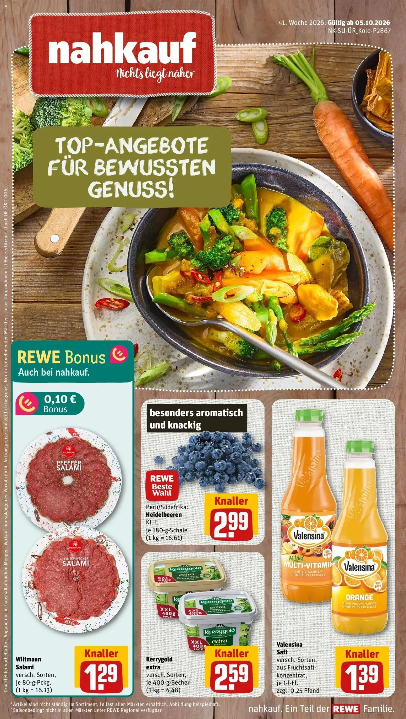 REWE Prospekt ab 05.10.2026 zum Blättern » Angebote | Seite: 1 | Produkte: Heidelbeeren, Valensina, Salami, Fruchtsaft