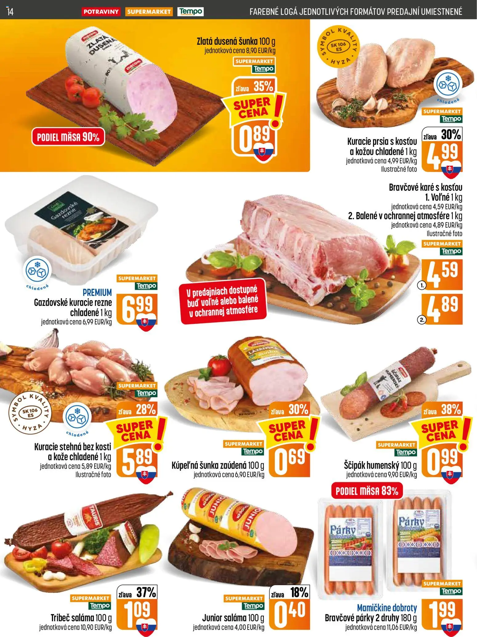 Nové COOP Jednota akcie – leták je platný od 13.08.2026 | Strana: 14 | Produkty: Šunka, Párky, Stehná, Bravčové karé