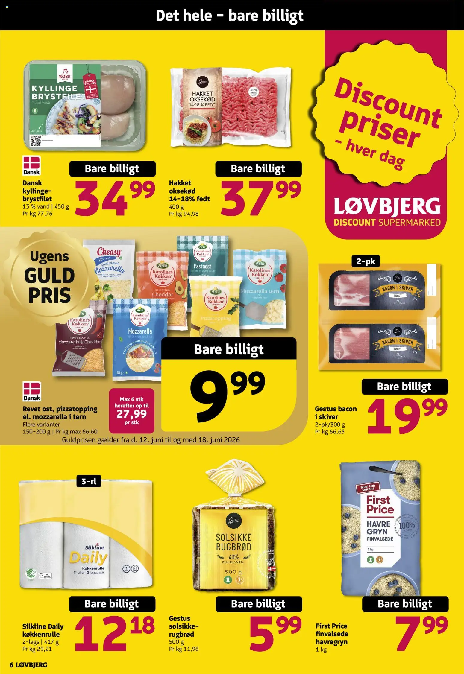 Løvbjerg tilbudsavis – gyldig fra 12.06.2026 | Side: 6 | Produkter: Ost, Havregryn, Bacon, Mozzarella