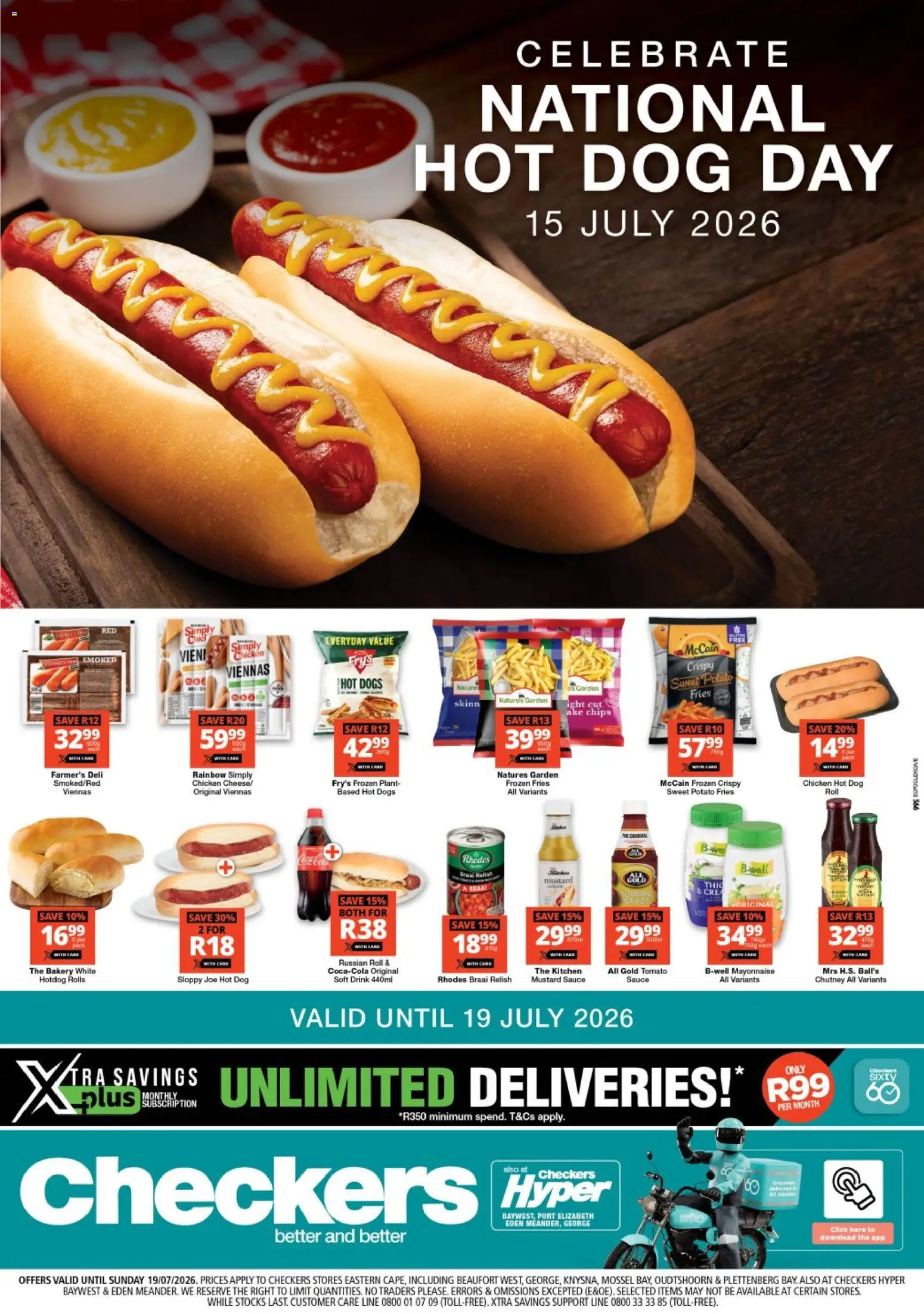 New Checkers catalogue – valid from 15/07/2026 | Page: 1 | Products: Hot dogs, Mustard, Mayonnaise, Sauce