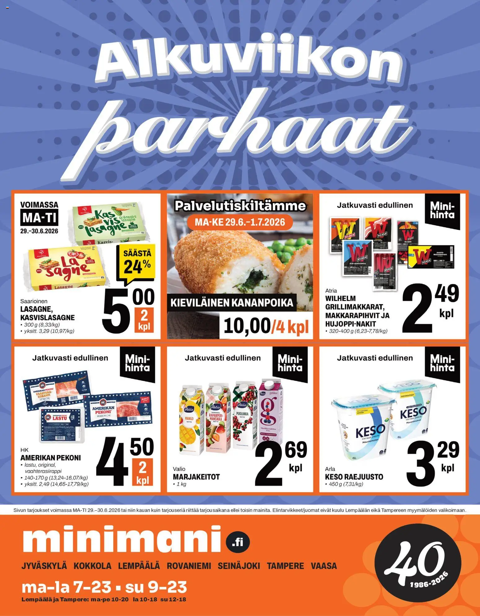 Minimani tarjoukset – voimassa 29/06/2026 alkaen | Sivu: 1 | Tuotteet: Raparperi, Mango, Pekoni, Raejuusto