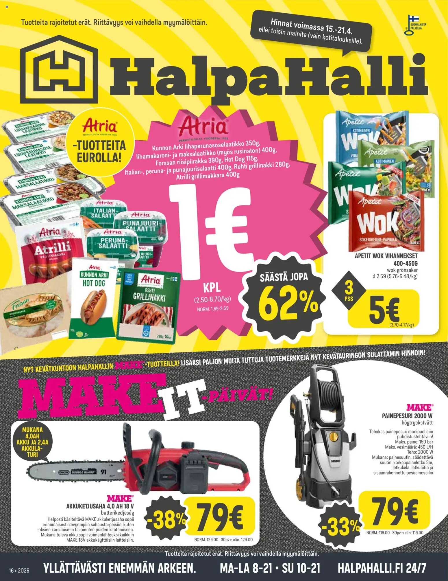 Halpa Halli tarjoukset – voimassa 15.04.2026 alkaen | Sivu: 1 | Tuotteet: Painepesuri, Akku, Paprika, Peruna