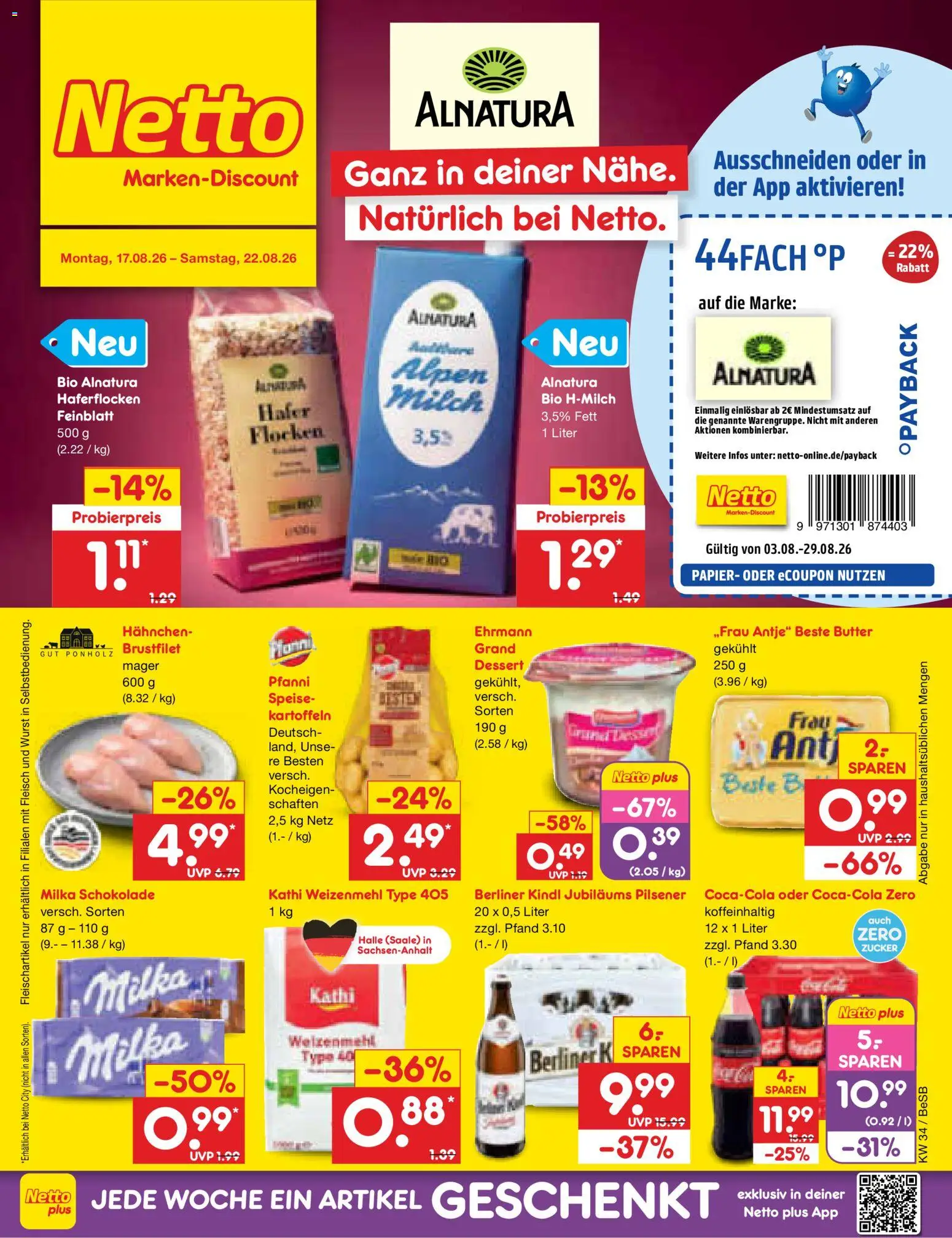 Netto Marken-Discount Prospekt – gültig ab 17.08.2026 | Seite: 1 | Produkte: Kartoffeln, Wurst, Fleisch, Flocken