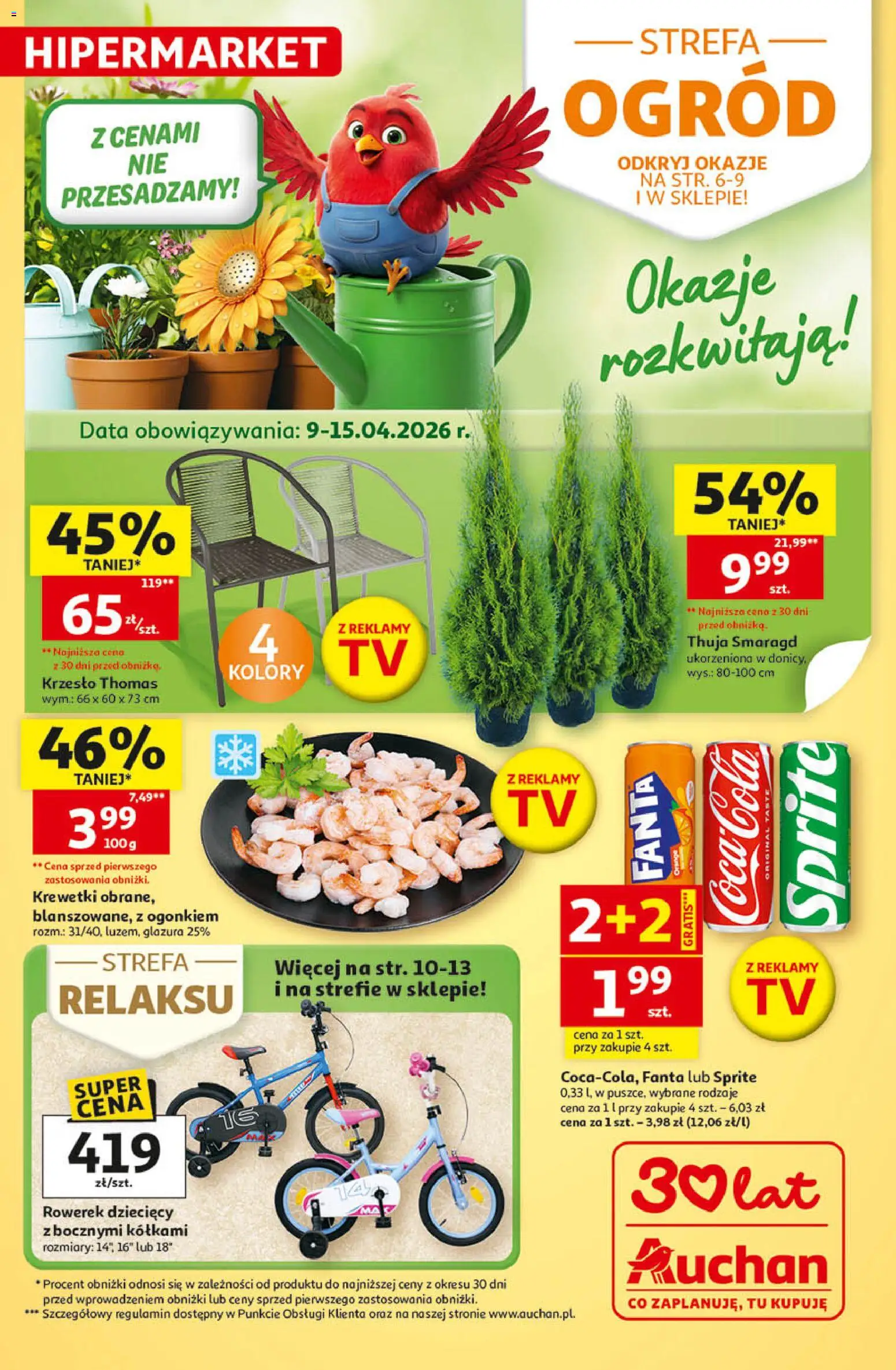 Auchan - Gazetka 30 Lat Hipermarket  od 09.04.2026 | Strona: 1 | Produkty: Krewetki, Sprite, Krzesło