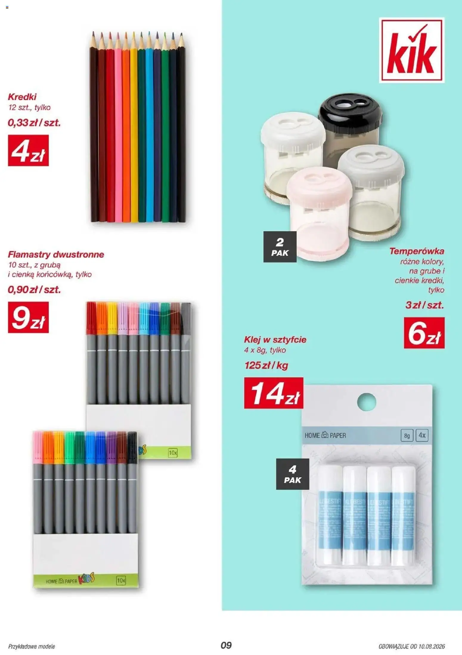 Kik gazetka od 10.08.2026 | Strona: 9 | Produkty: Temperówka, Kredki, Flamastry