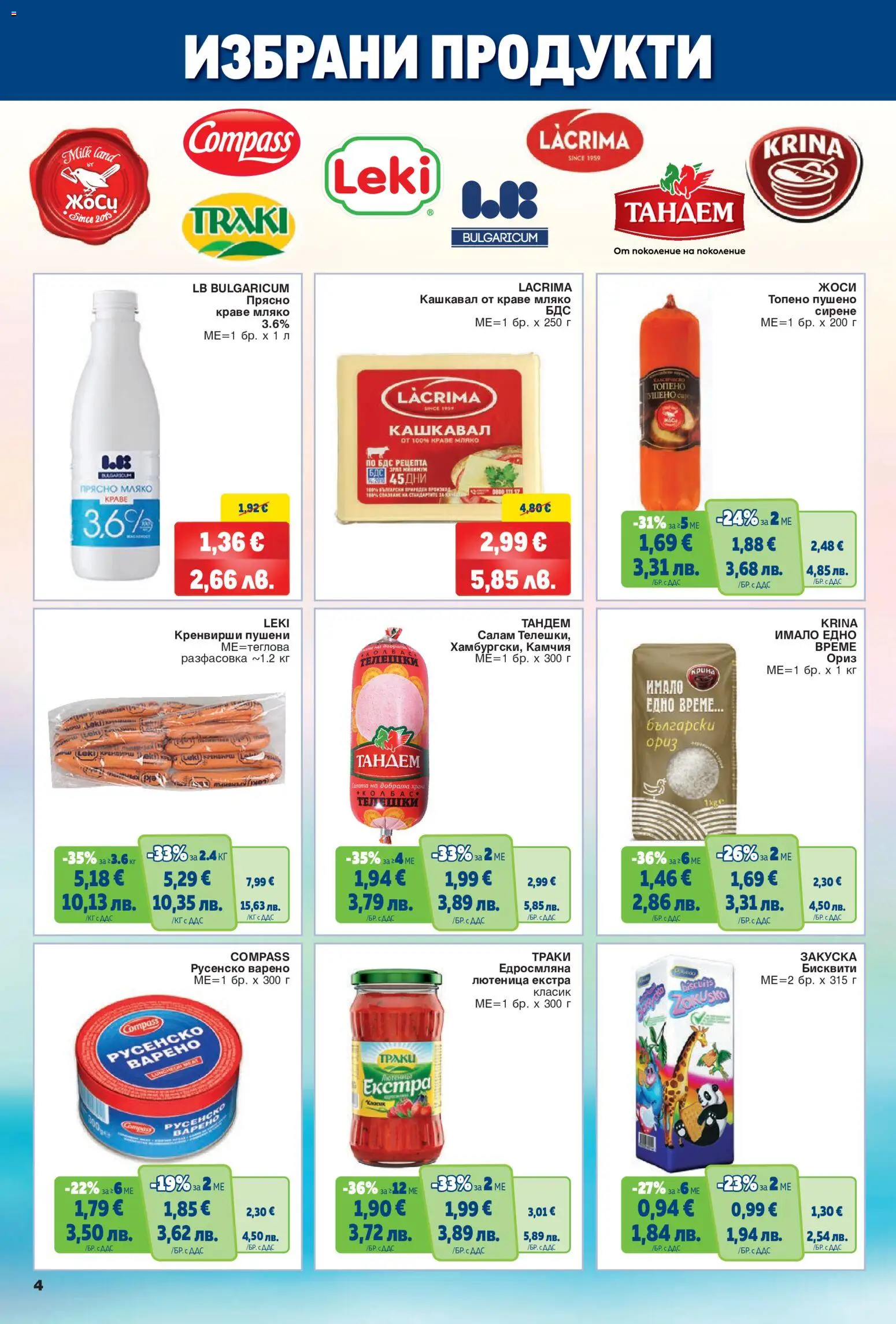 {H1} | Страница: 4 | Продукти: Мляко, Кренвирши, Бисквити, Русенско варено