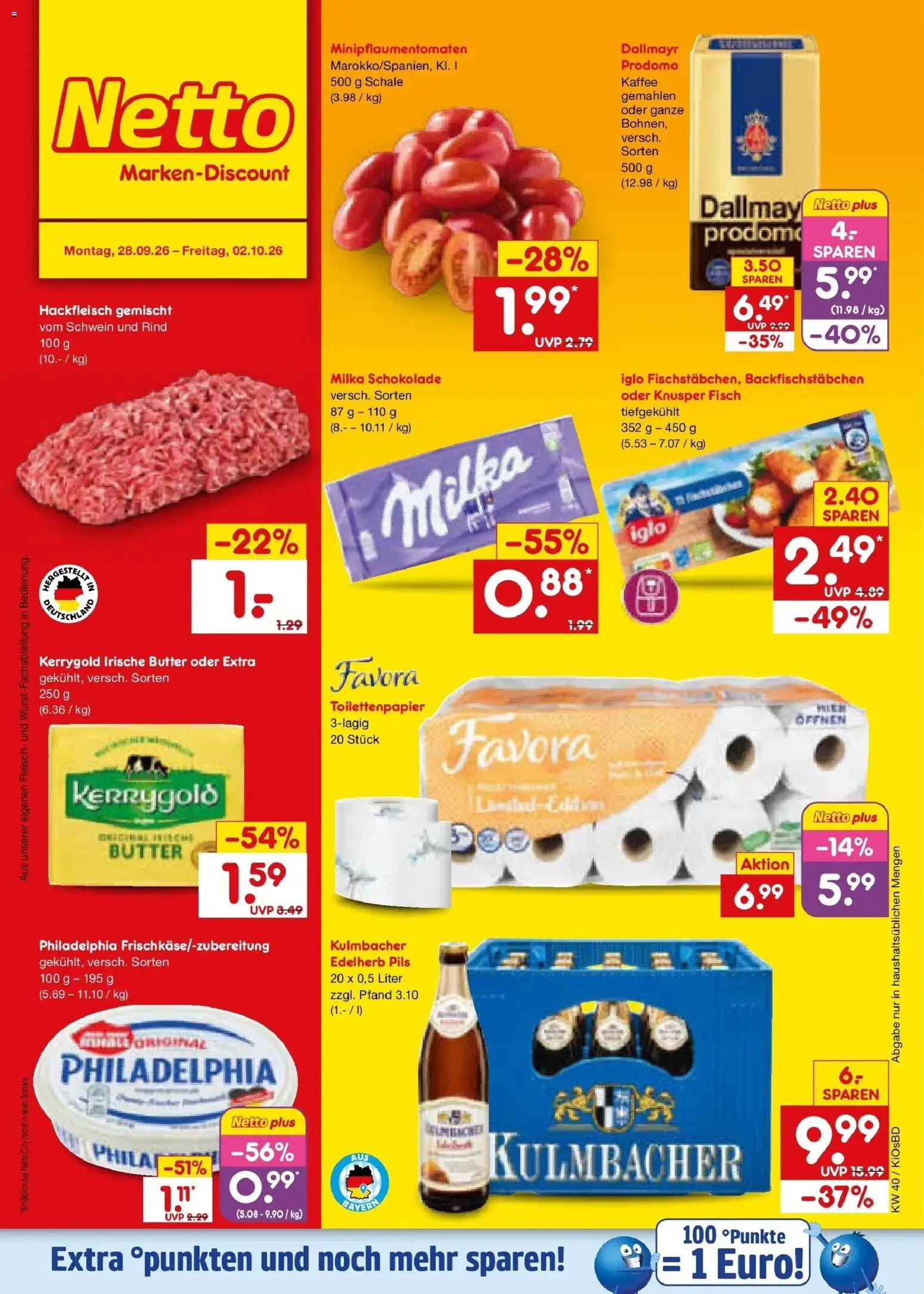 Netto Marken-Discount Prospekt Mistelbach – gültig ab 28.09.2026 | Seite: 1 | Produkte: Pils, Dallmayr, Hackfleisch, Toilettenpapier