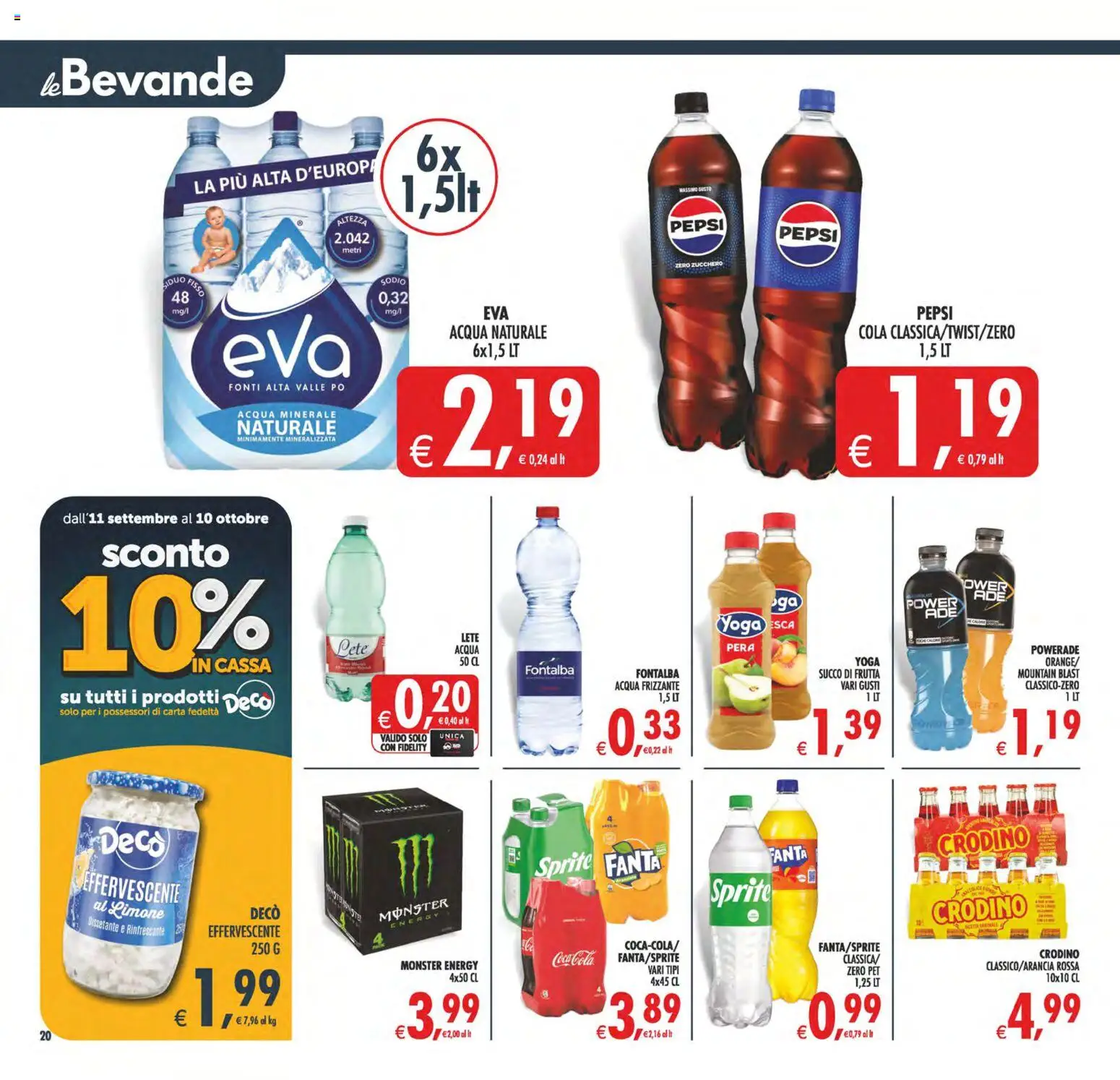 Volantino Decò del 22/09/2026 | Pagina: 20 | Prodotti: Acqua, Frutta, Pepsi, Sprite