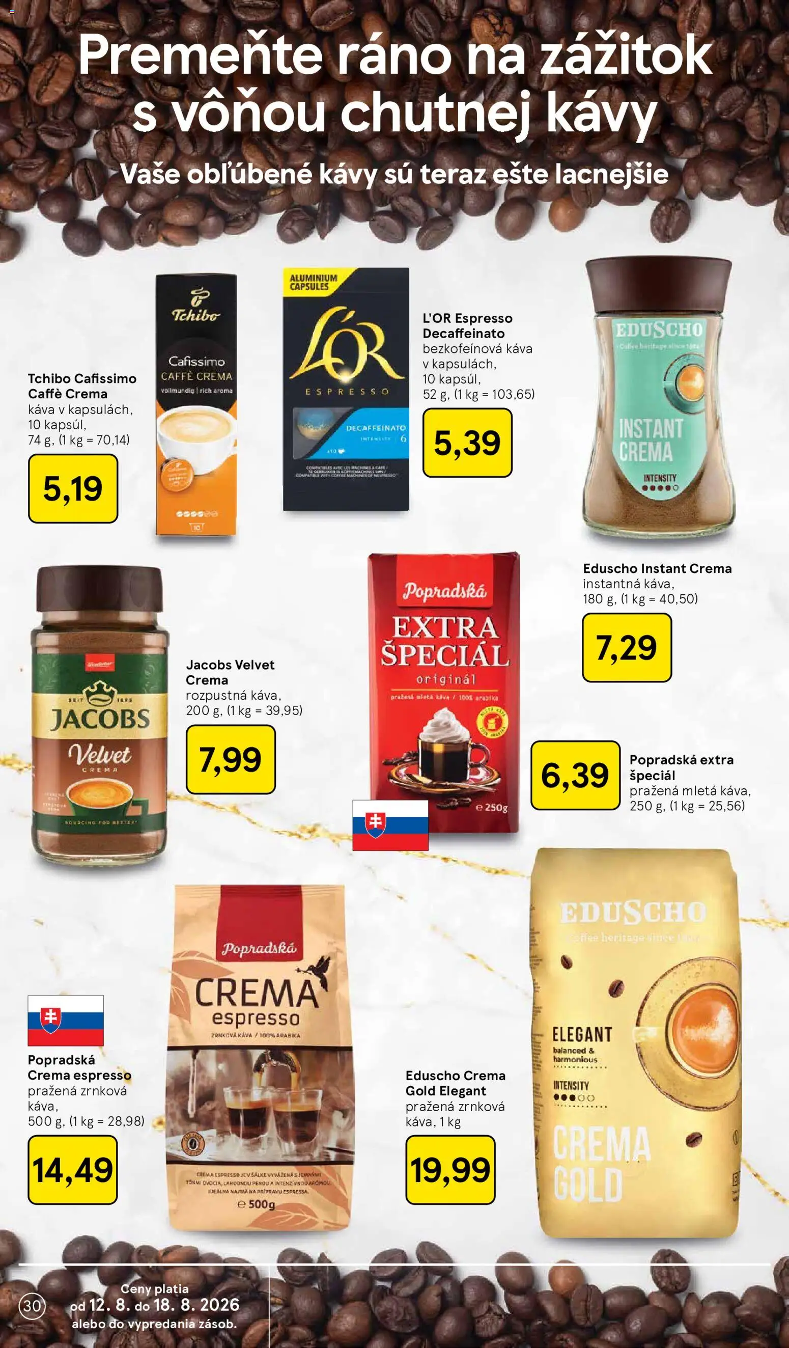 Nové Tesco akcie – leták je platný od 12.08.2026 | Strana: 30 | Produkty: Káva, Instantná káva, Mletá káva, Zrnková káva