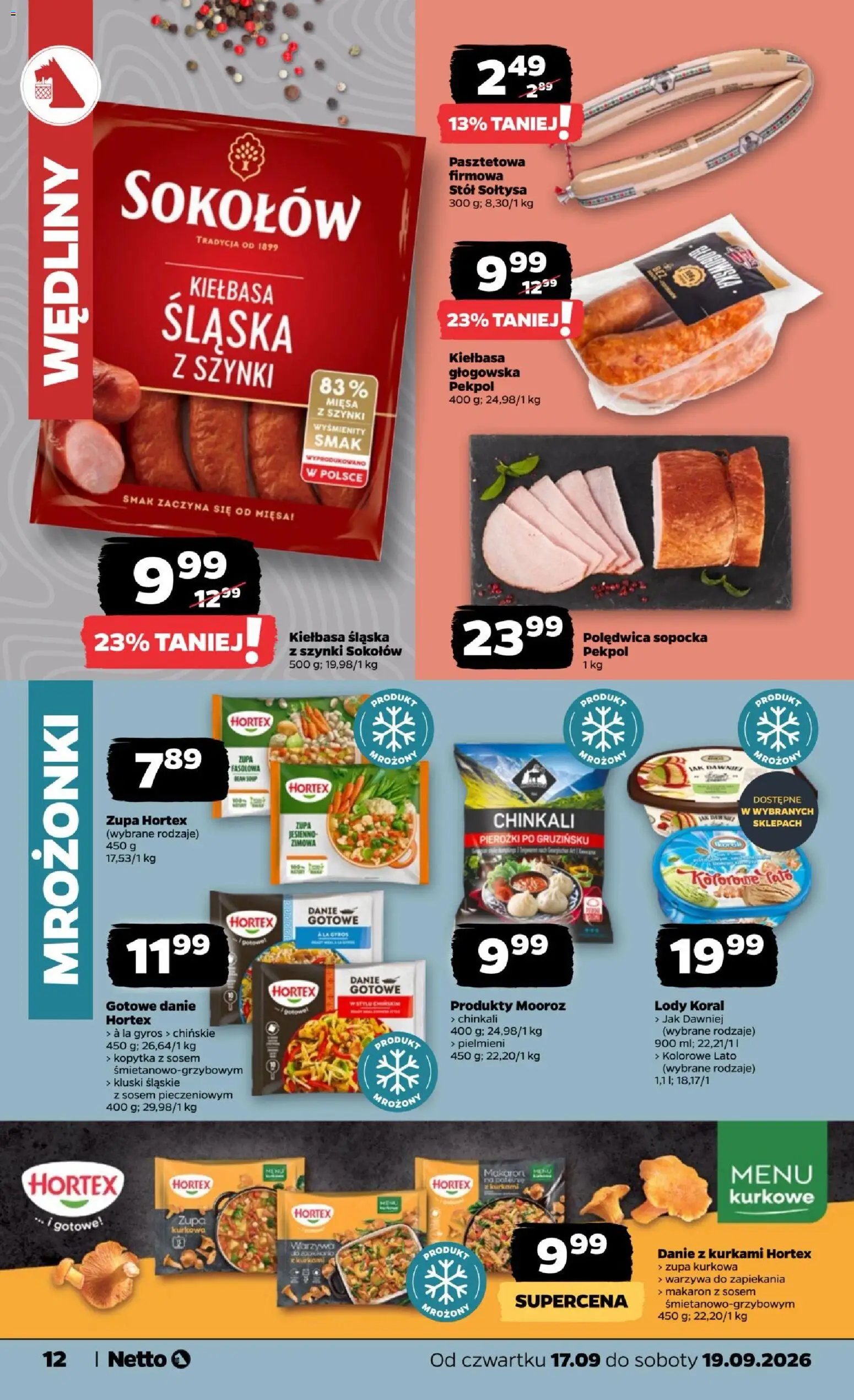 Netto gazetka od czwartku od 17.09.2026 | Strona: 12 | Produkty: Kluski śląskie, Lody koral, Wędliny, Kluski