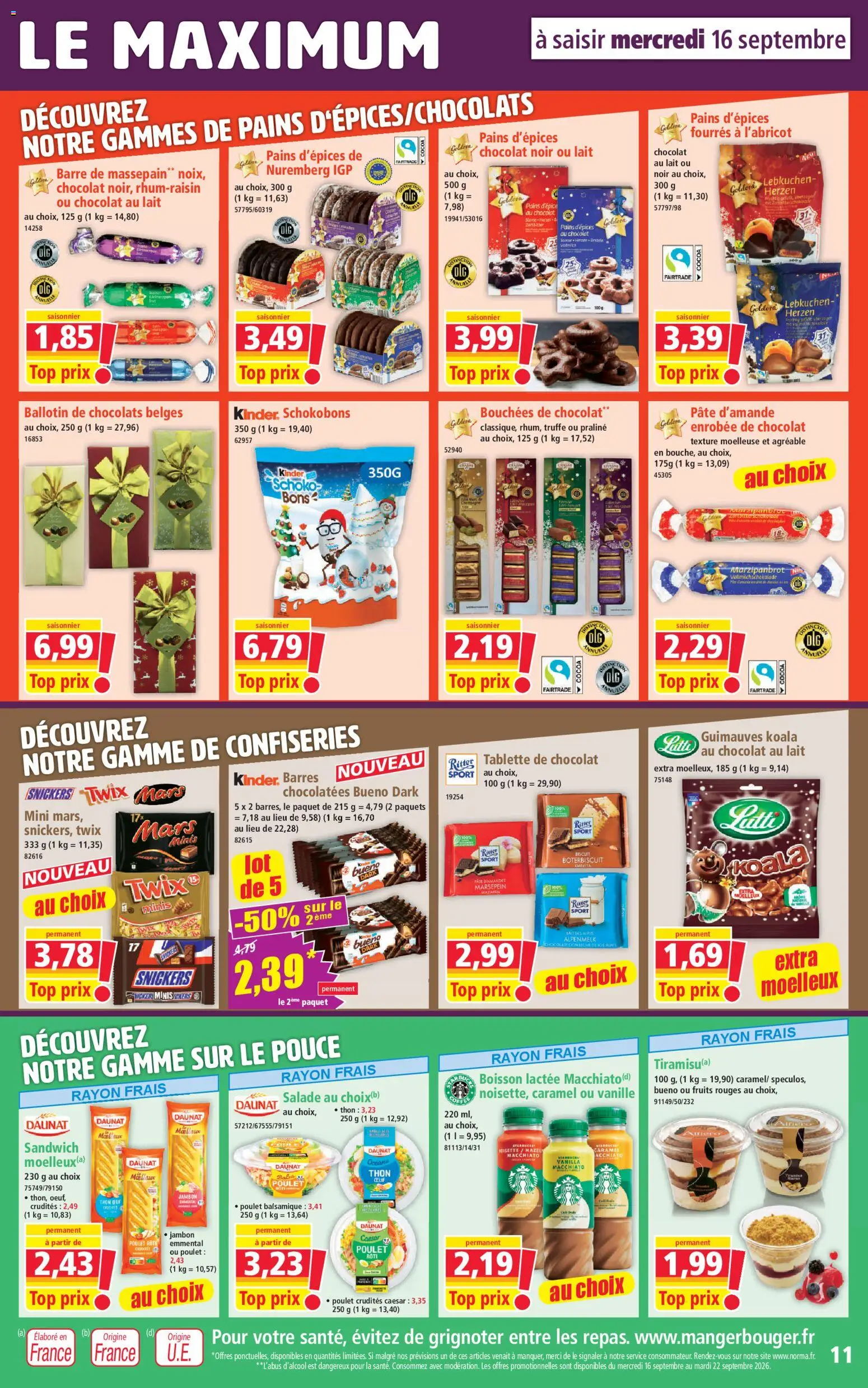 {H1} | Page: 11 | Produits: Tablette de chocolat, Boisson lactee, Snickers, Jambon