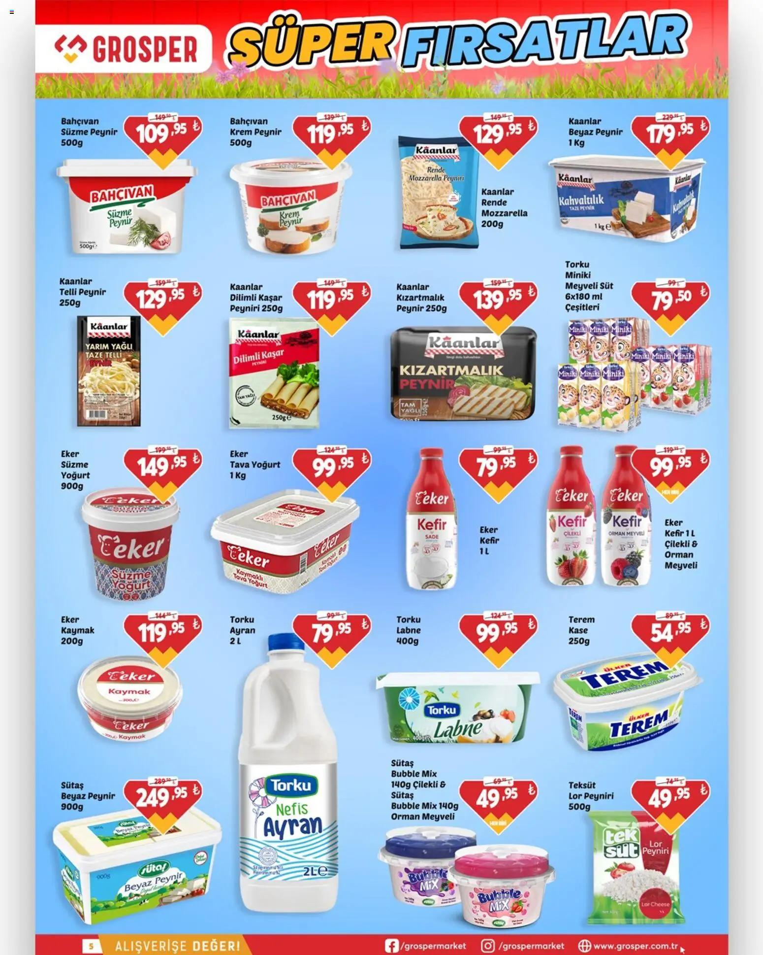 Grosper Katalog - 22.04.2026 tarihinden itibaren geçerlidir | Sayfa: 5 | Ürünler: Kefir, Süt, Rende, Süzme peynir