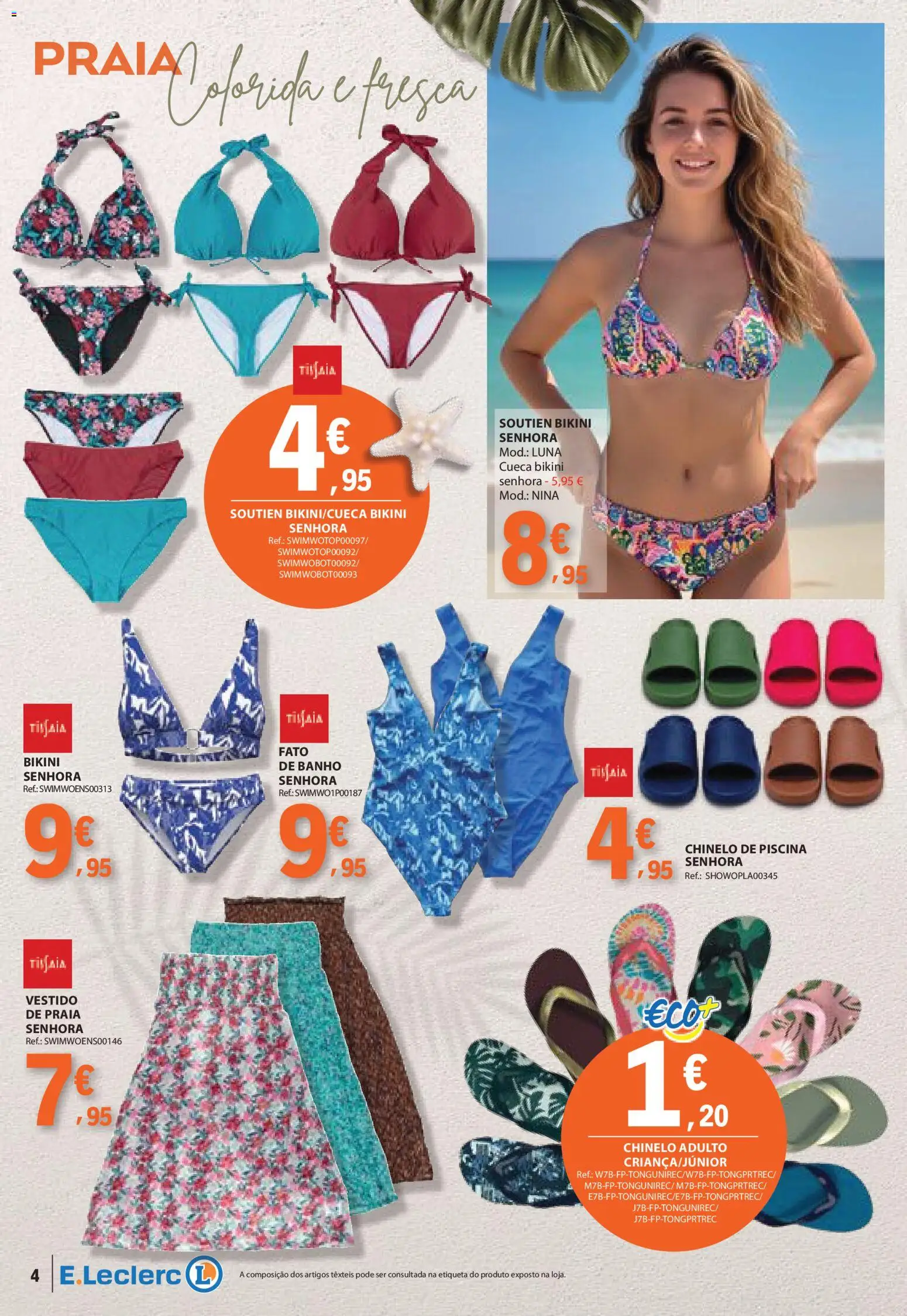 E.Leclerc folheto Especial Praia │ válido de 09.06.2026 | Página: 4 | Produtos: Piscina, Vestido, Banho, Fato