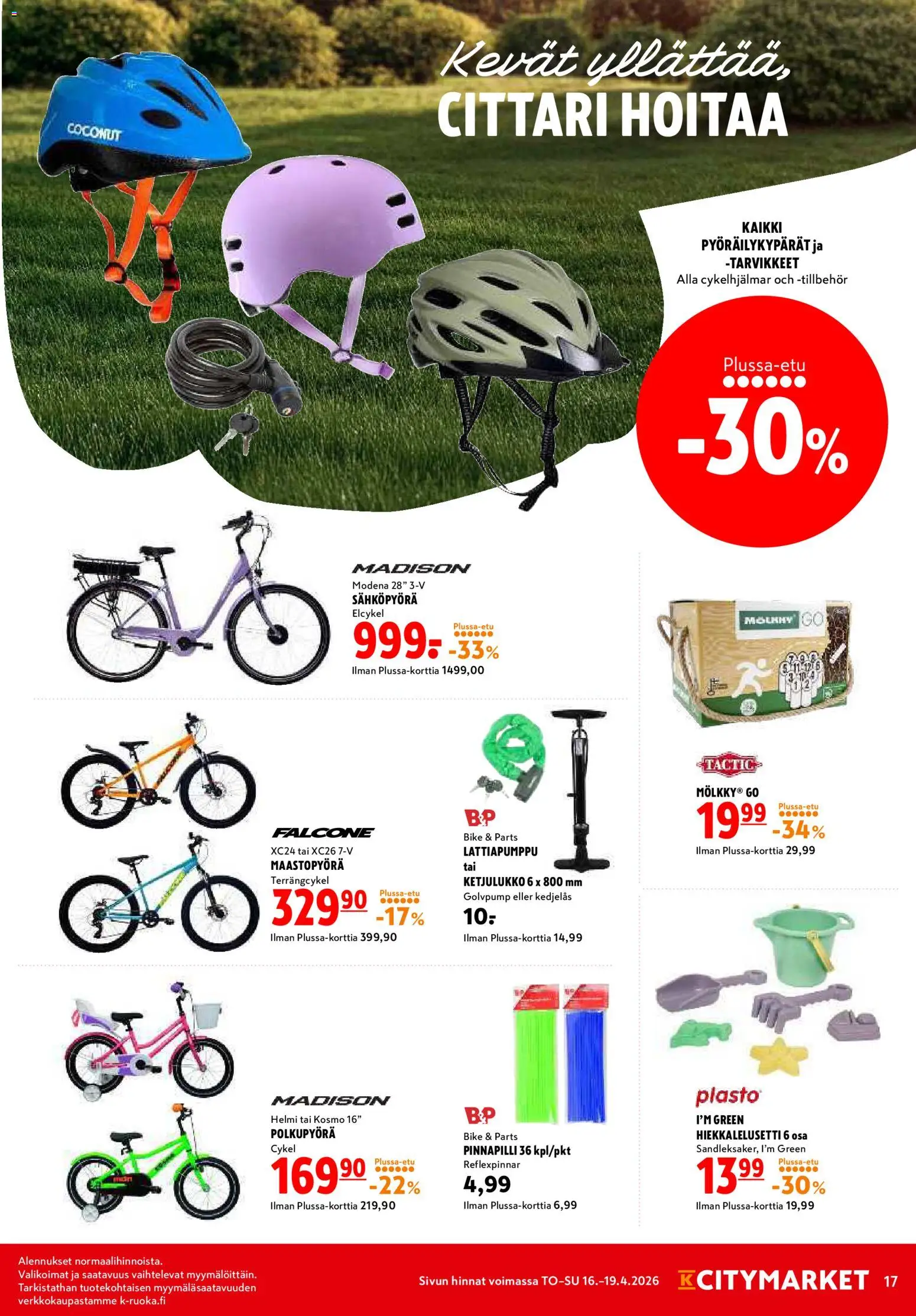 K-Citymarket tarjoukset – voimassa 16.04.2026 alkaen | Sivu: 17 | Tuotteet: Maastopyörä, Sähköpyörä, Polkupyörä