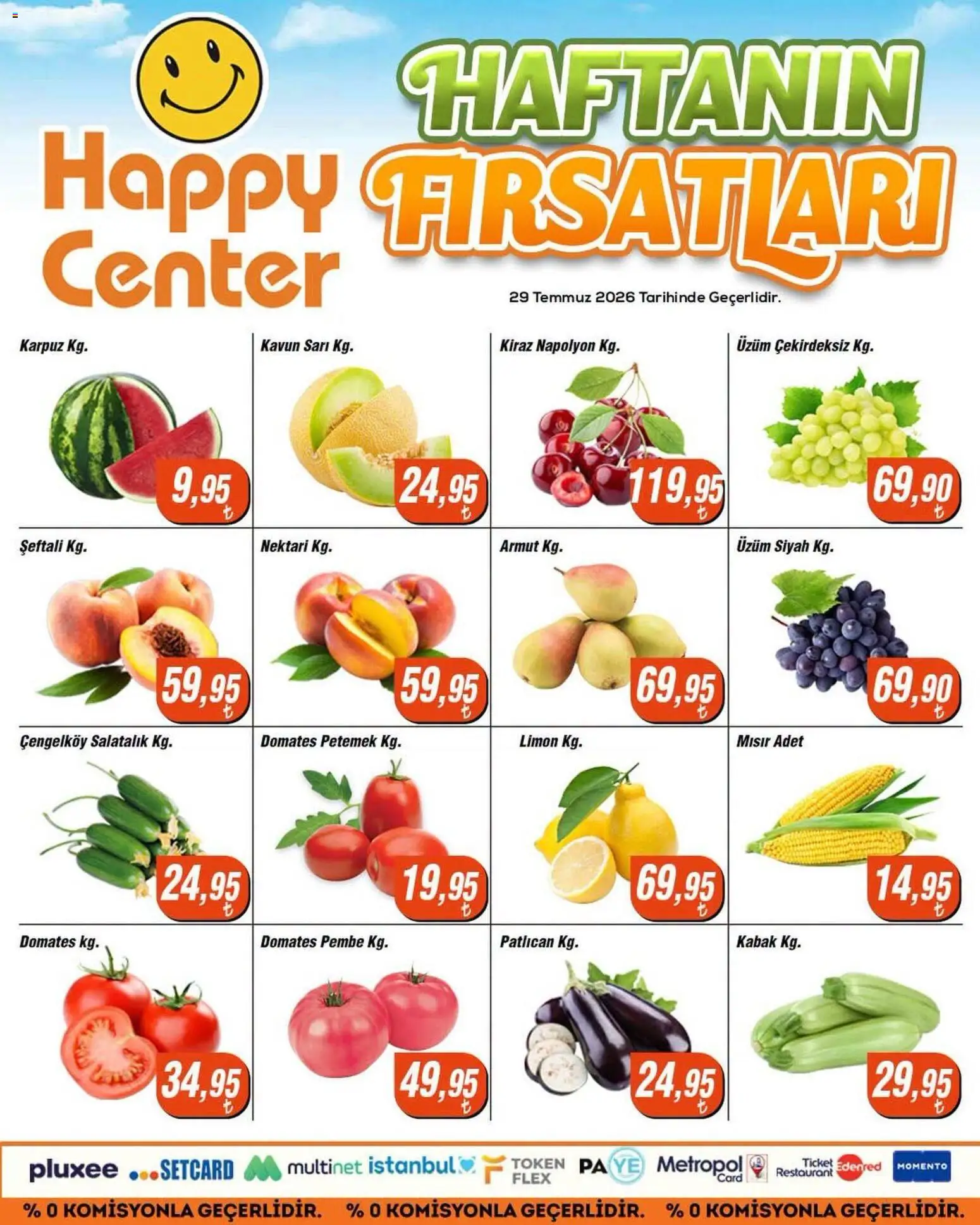 Happy Center - Manav - 29 Temmuz 2026 tarihinden itibaren geçerlidir | Sayfa: 1 | Ürünler: Kabak, Salatalık, Karpuz, Kavun