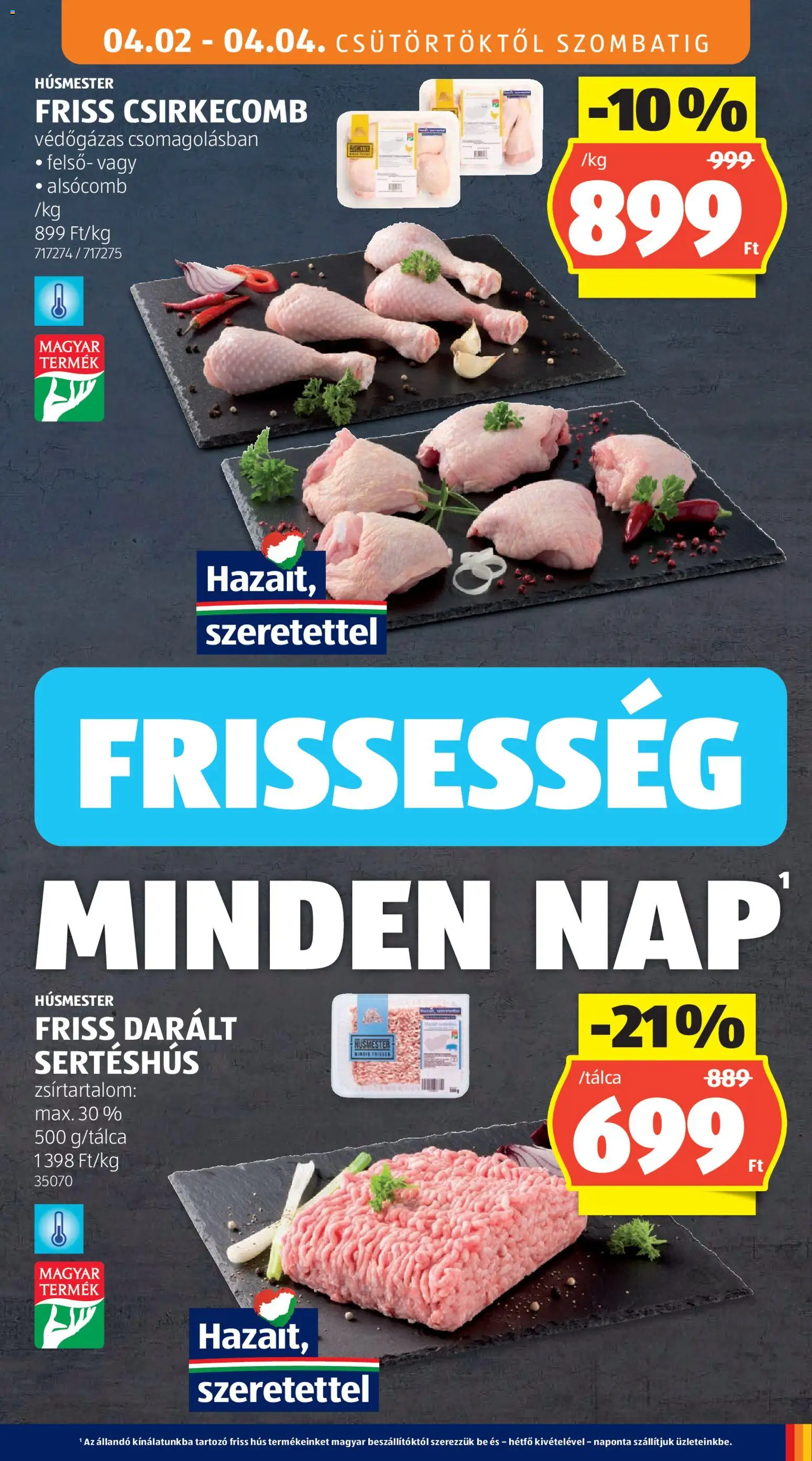 Aldi akciós ujság - amely érvényes a következő dátumtól: 2026.04.02. | Oldal: 15 | Termékek: Hús, Darált sertéshús, Sertéshús, Csirkecomb