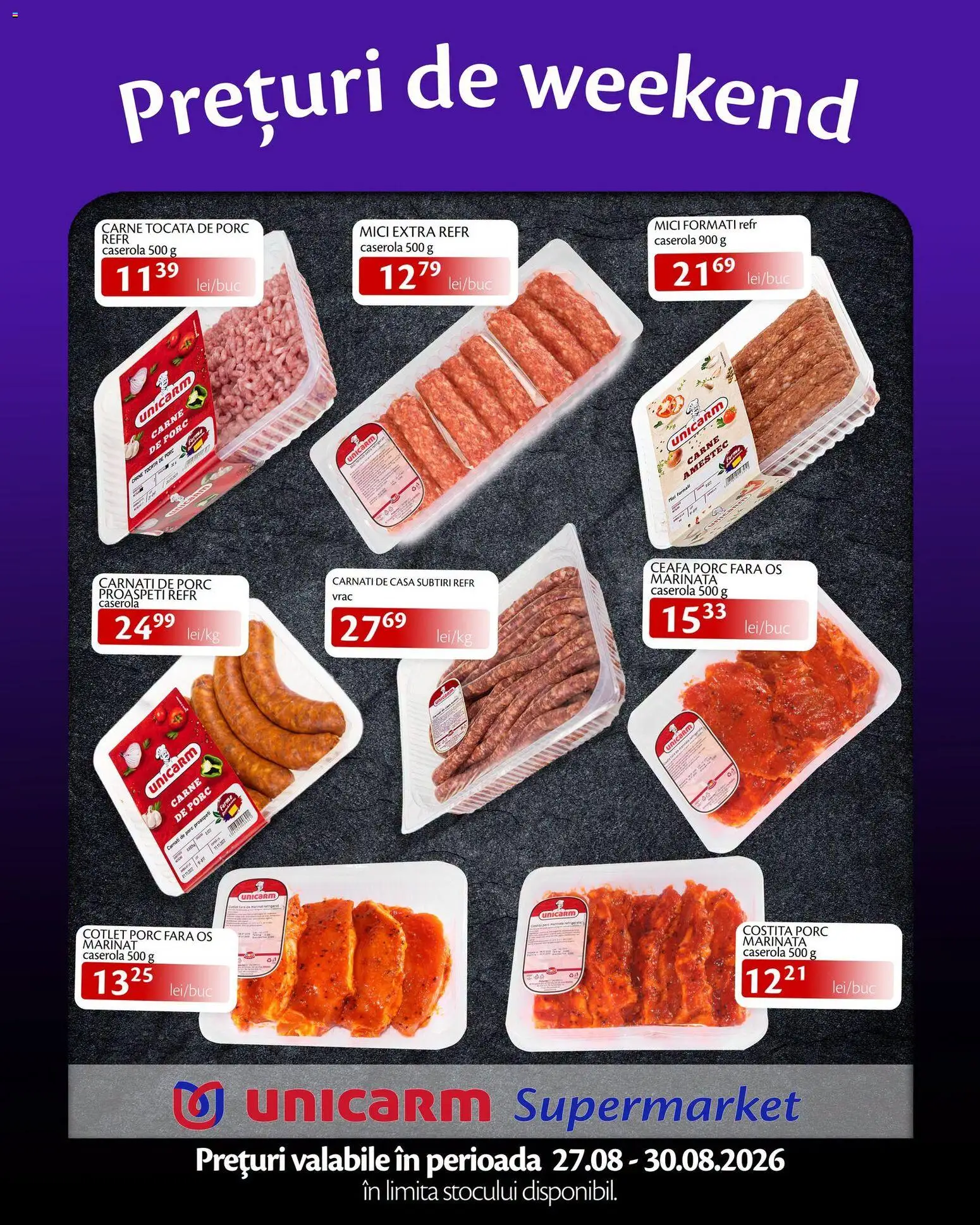 Noul catalog Unicarm – valabil de la 27.08.2026 | Pagină: 2 | Produse: Mici, Carne tocată, Amestec, Cârnați
