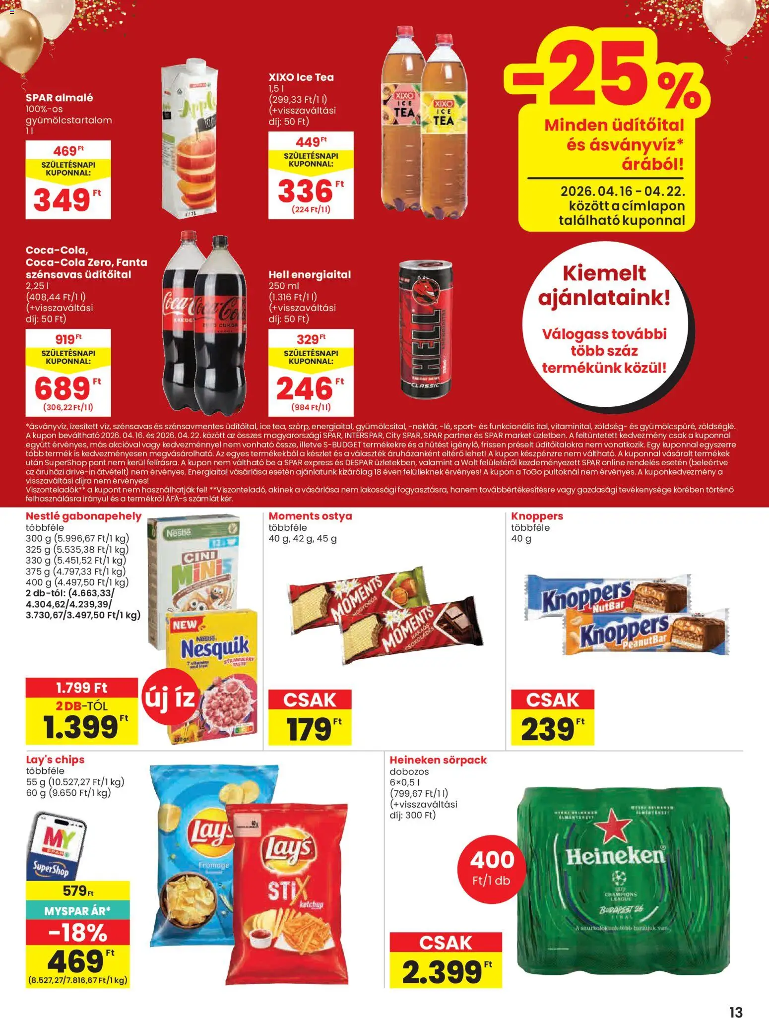 Spar akciós ujság - amely érvényes a következő dátumtól: 16.04.2026 | Oldal: 13 | Termékek: Gabonapehely, Energiaital, Nesquik, Tea