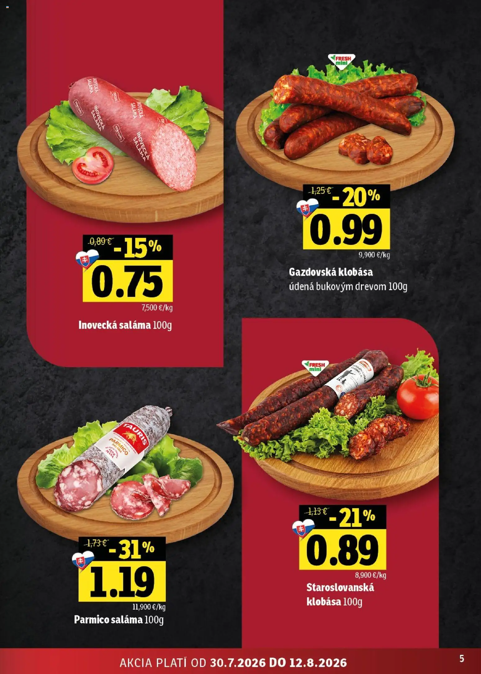 Nové Fresh akcie – leták je platný od 30.07.2026 | Strana: 5 | Produkty: Saláma, Klobása