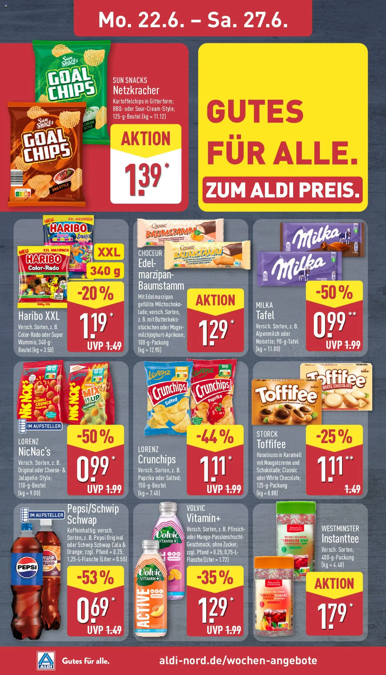 Aldi Prospekt – gültig ab 22.06.2026 | Seite: 10 | Produkte: Milka, Pfirsich, Pepsi, Volvic