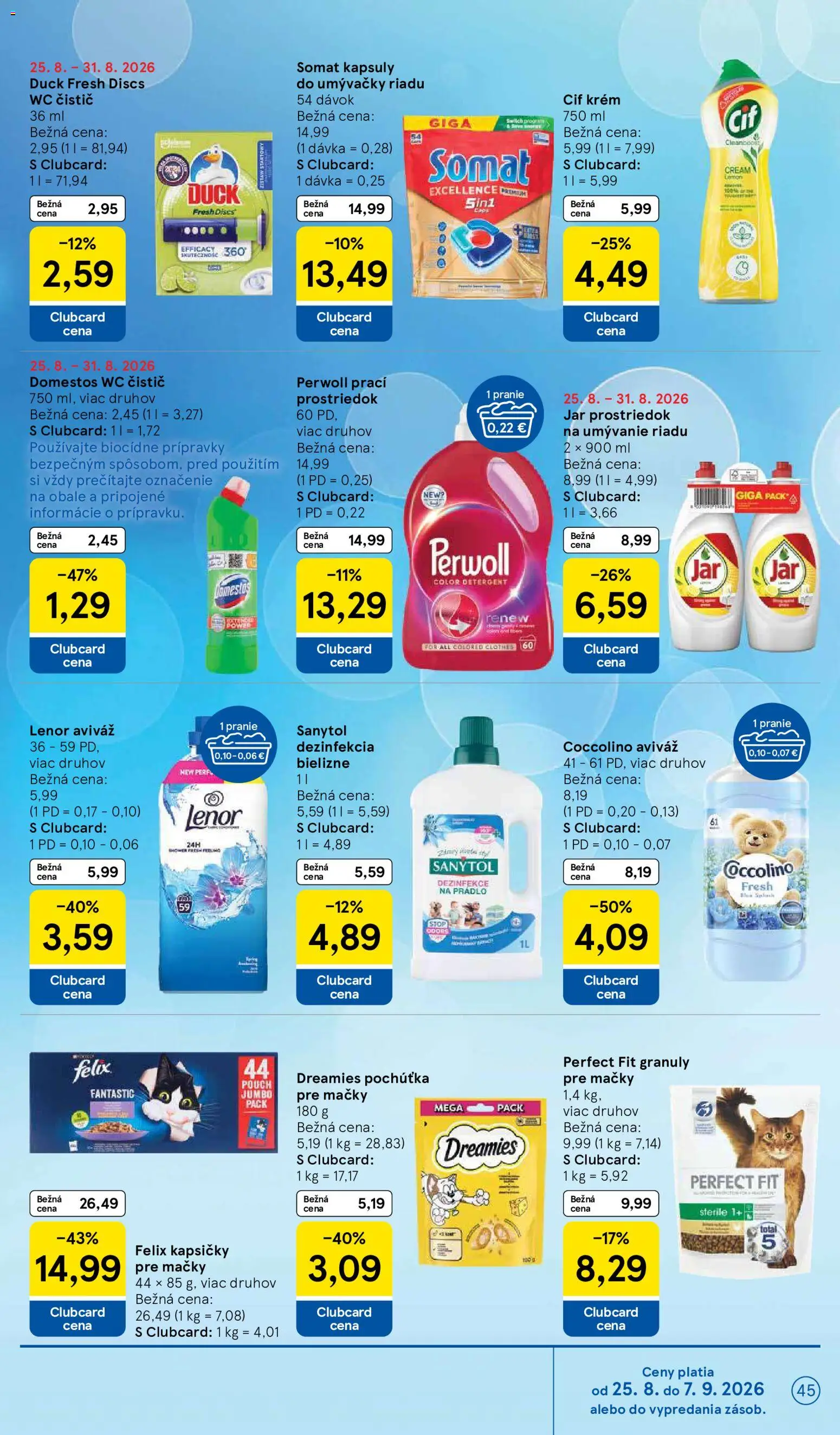 Nové Tesco akcie – leták je platný od 26.08.2026 | Strana: 45 | Produkty: Sanytol, Prostriedok na umývanie riadu, Kapsičky, Domestos