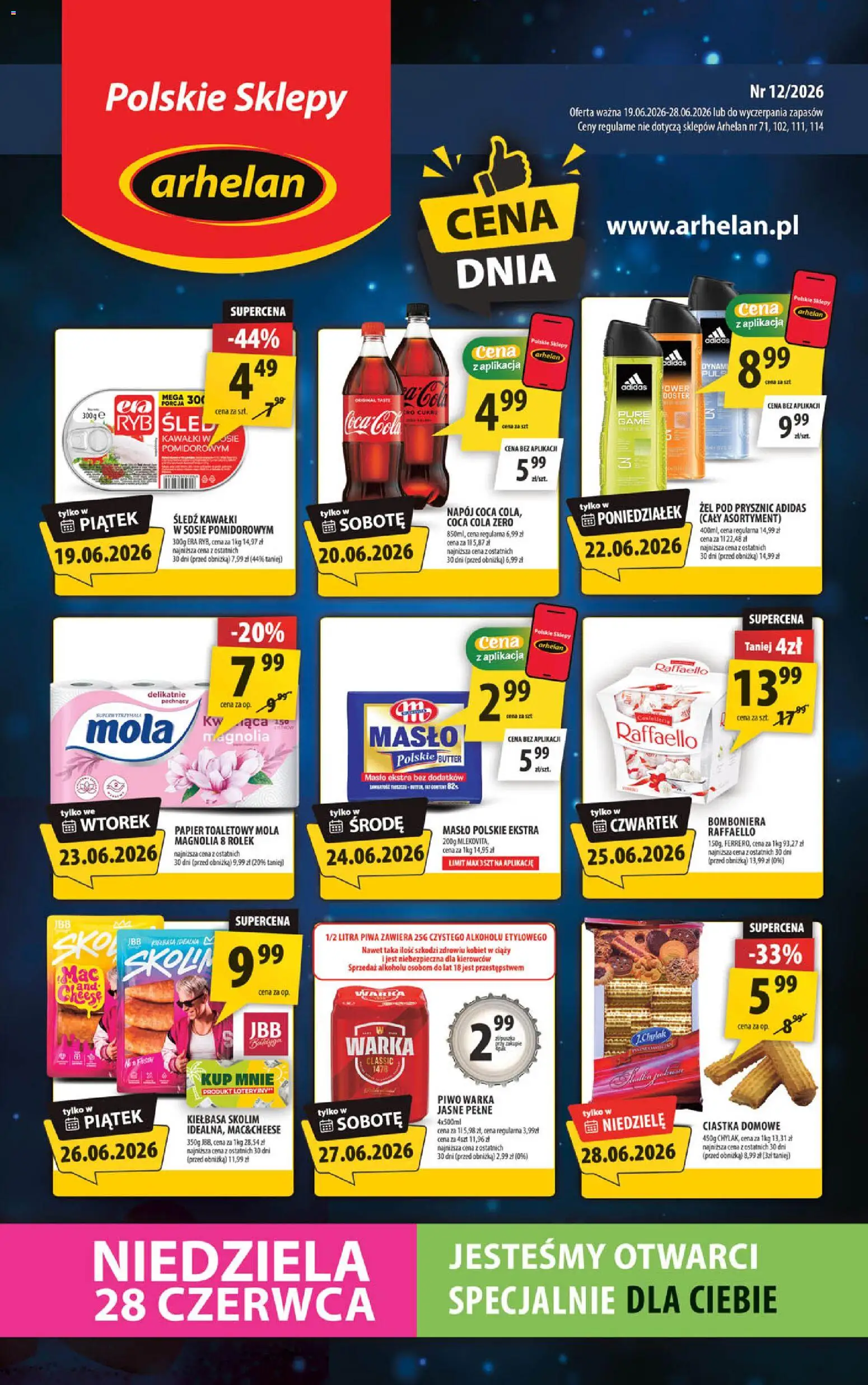 Arhelan gazetka od 19.06.2026 | Strona: 1 | Produkty: Coca Cola zero, Piwo Warka, Prysznic, Żel pod prysznic