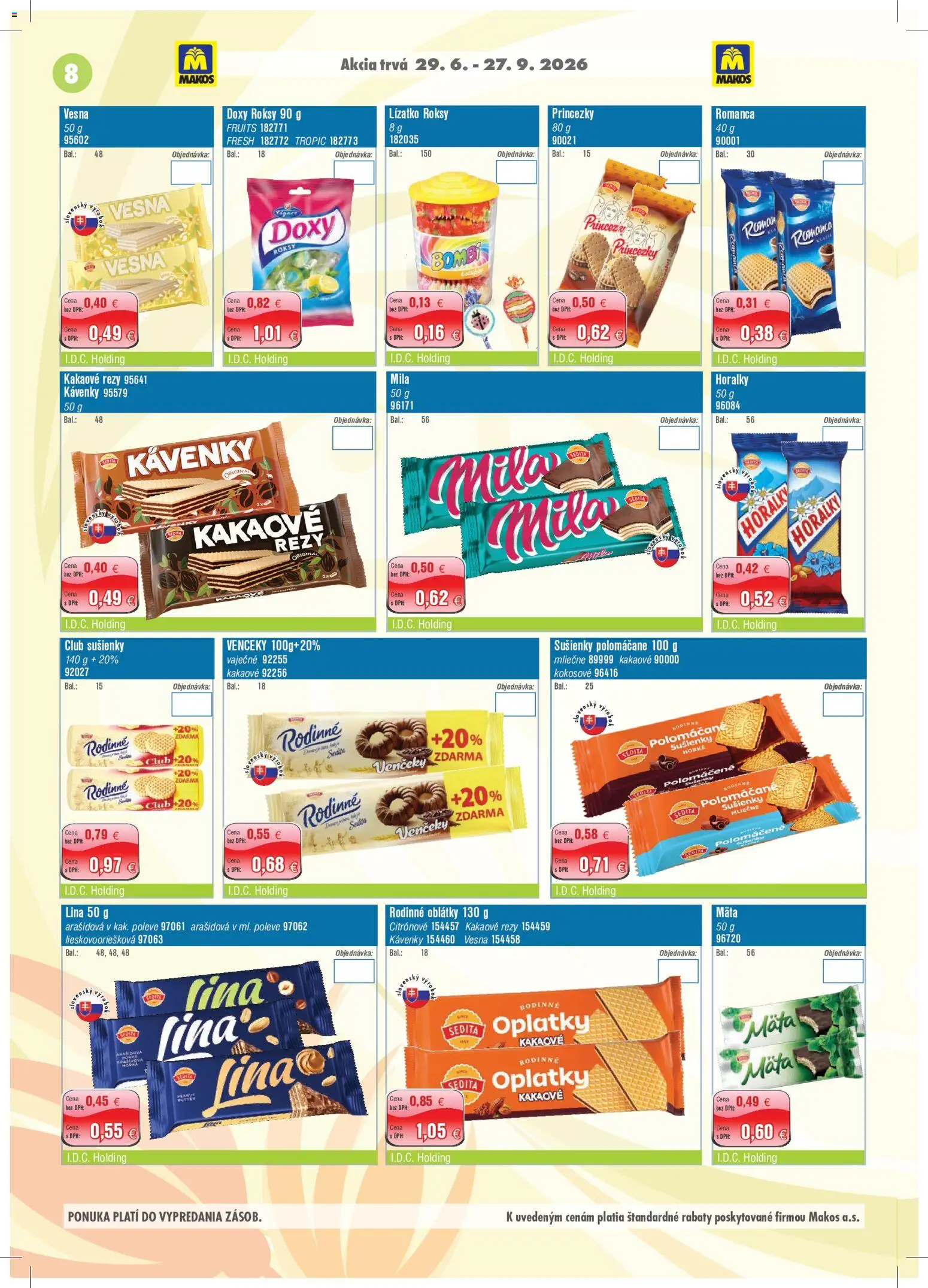 Nové Makos akcie – leták je platný od 29.06.2026 | Strana: 8 | Produkty: Mila, Horálky
