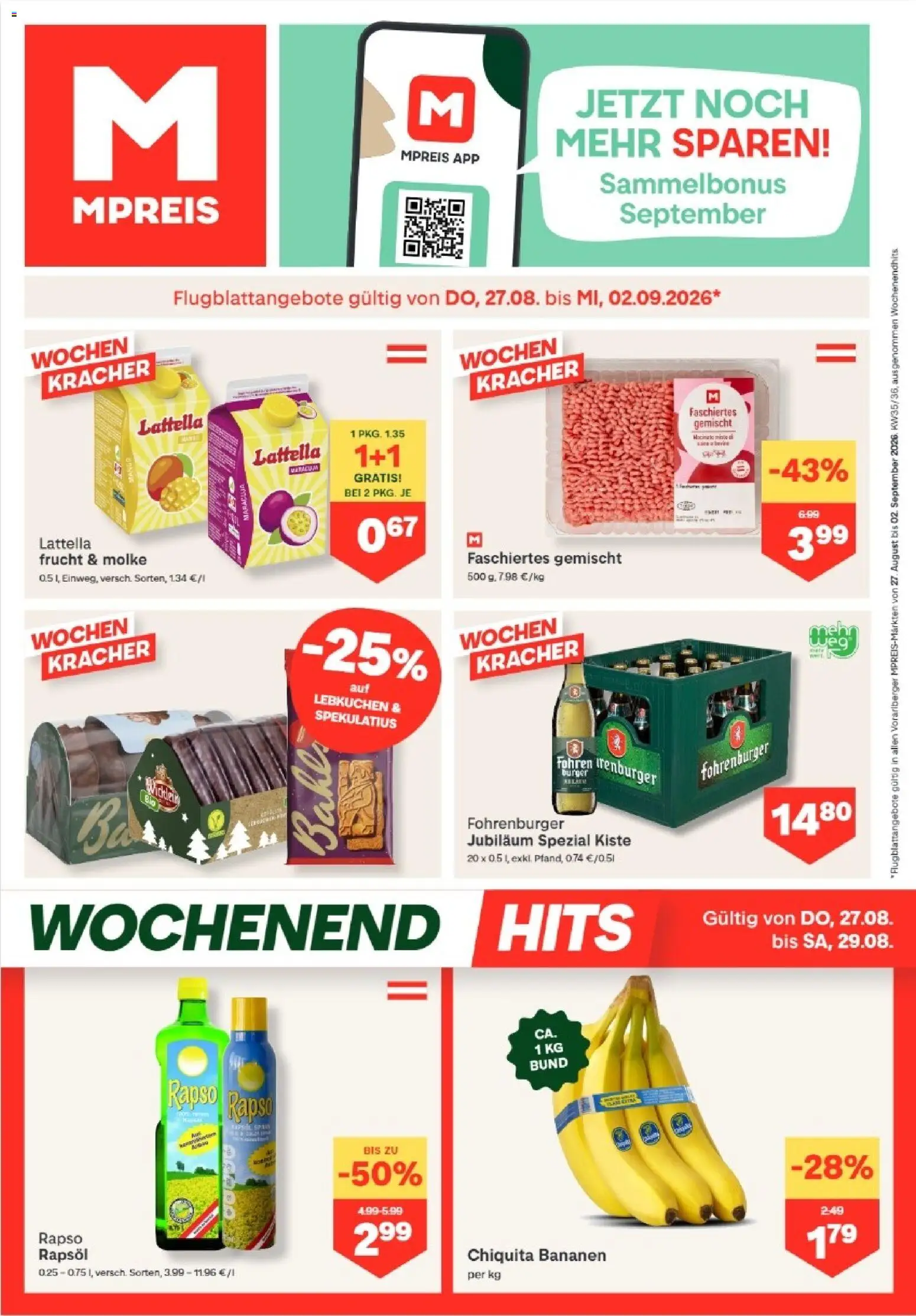 MPREIS Hohenems gültig ab 27.08.2026 | Seite: 1 | Produkte: Burger, Rapsöl, Bananen, Lebkuchen
