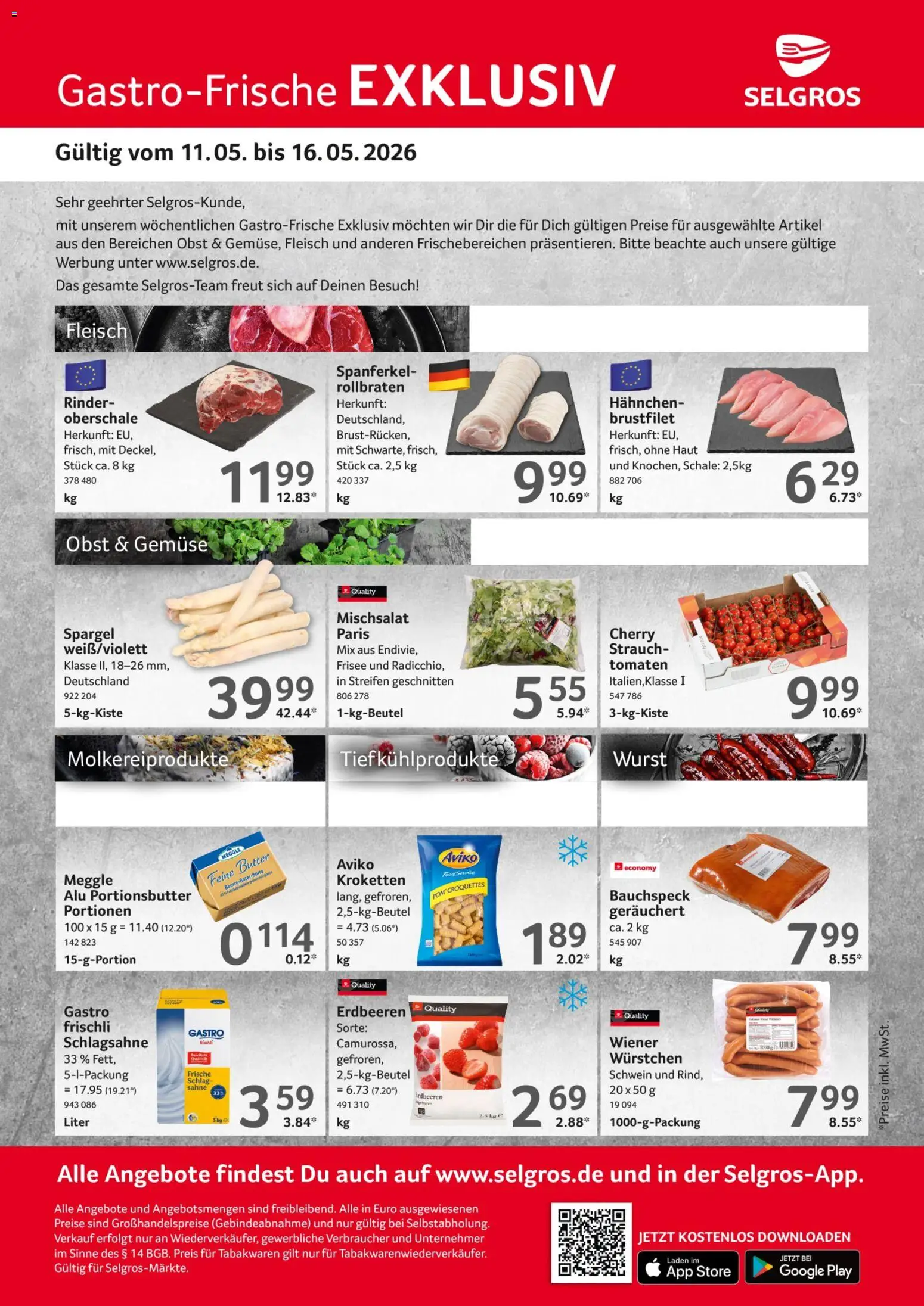 Selgros Gastro Angebote – gültig ab 11.05.2026 | Seite: 1 | Produkte: Spargel, Gemüse, Erdbeeren, Fleisch