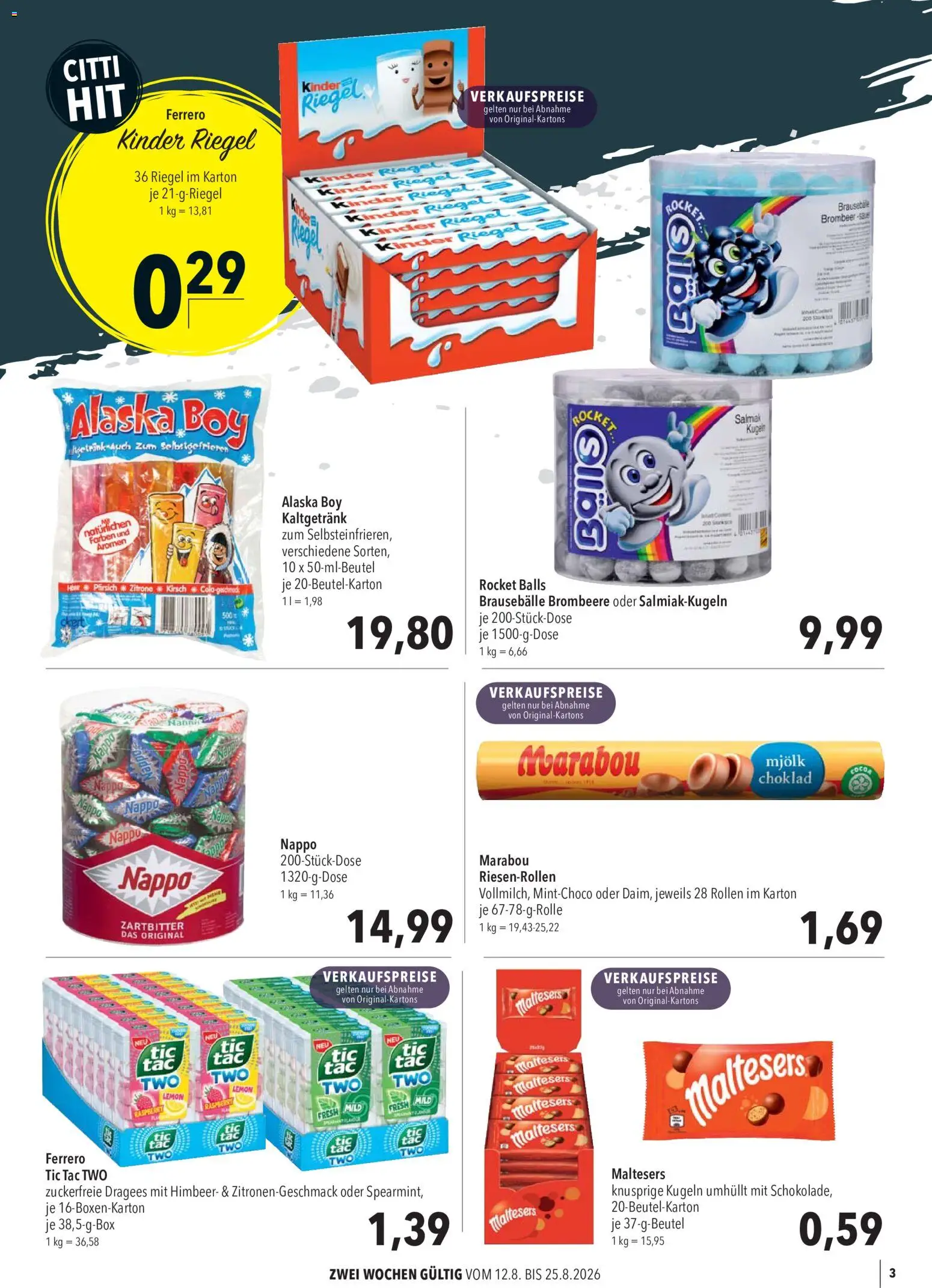 CITTI Markt Kioskwerbung – gültig ab 12.08.2026 | Seite: 3 | Produkte: Kinder riegel, Zitrone, Pfirsich