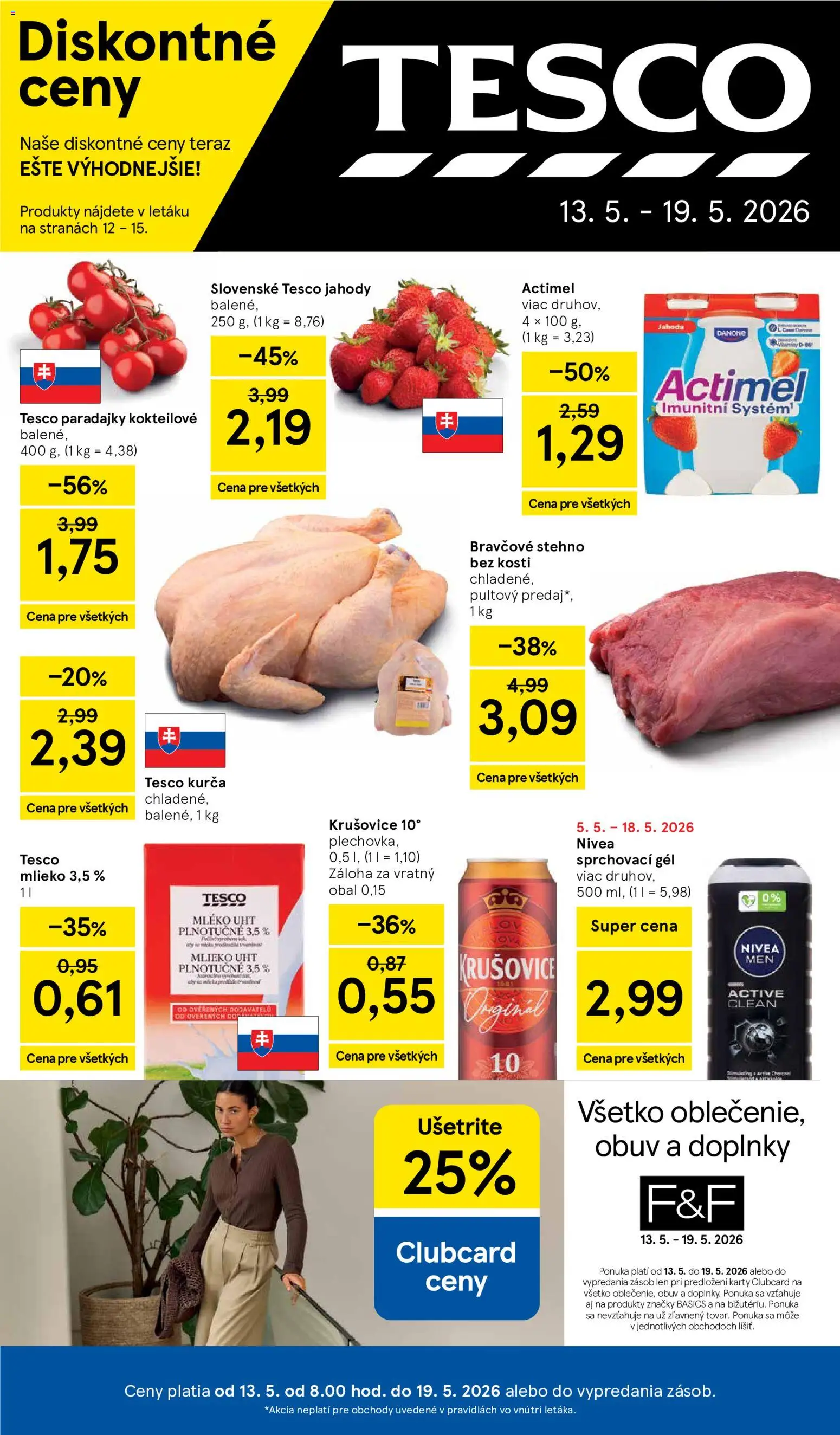 Nové Tesco akcie – leták je platný od 13.05.2026 | Strana: 1 | Produkty: Mlieko, Bravčové stehno, Jahody, Actimel