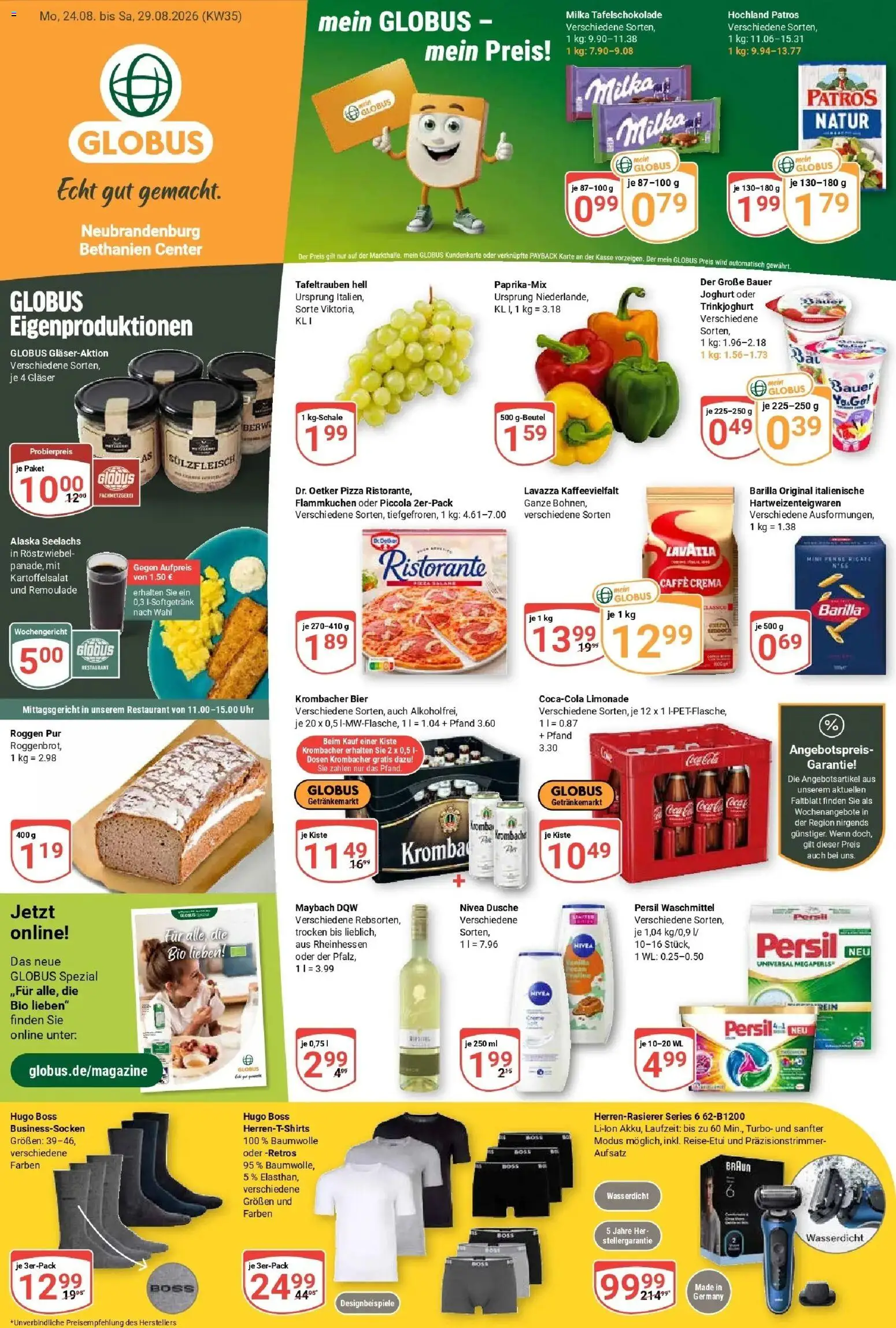Globus Prospekt Neubrandenburg (ab 24.08.2026) » Angebote online | Seite: 3 | Produkte: Joghurt, Barilla, Krombacher, Pizza
