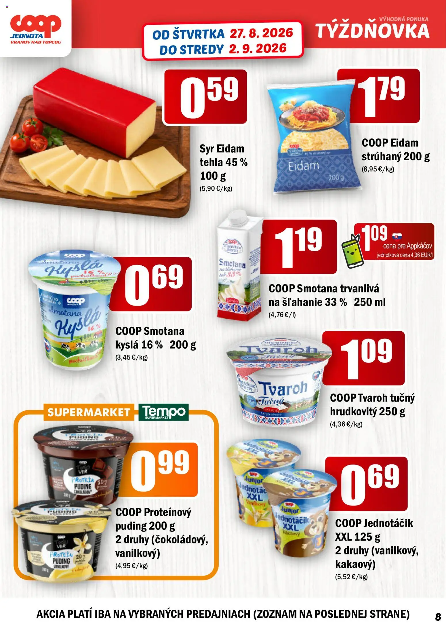 Nové COOP Jednota akcie – leták je platný od 27.08.2026 | Strana: 8 | Produkty: Syr, Smotana, Puding, Tvaroh