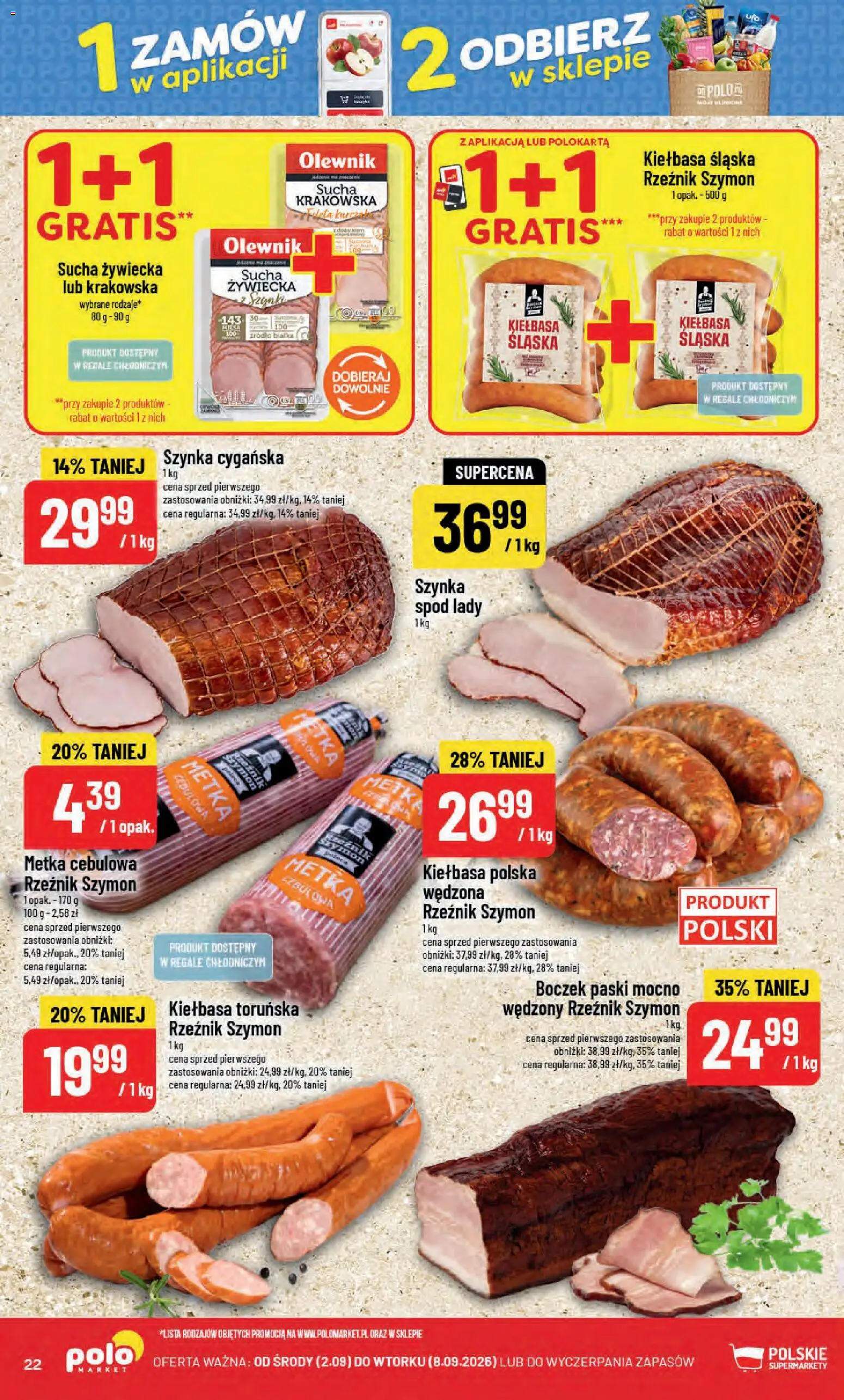 POLOmarket gazetka od 02.09.2026 | Strona: 22 | Produkty: Kiełbasa toruńska, Szynka, Kiełbasa śląska, Metka cebulowa