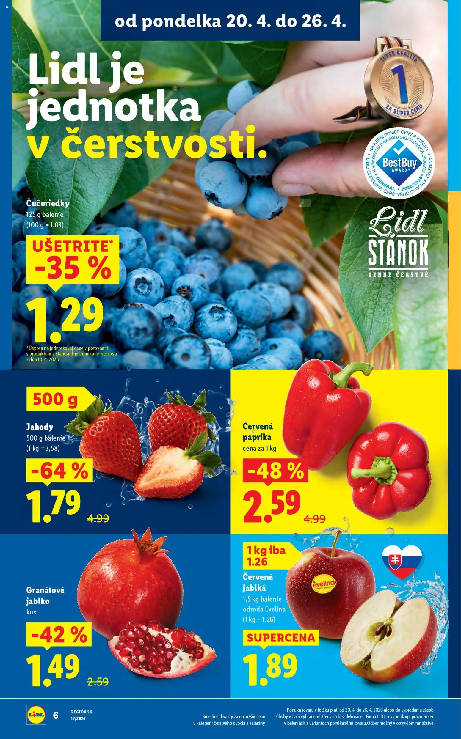 Nové Lidl akcie – leták je platný od 20.04.2026 | Strana: 6 | Produkty: Paprika, Jablká, Čučoriedky, Jahody