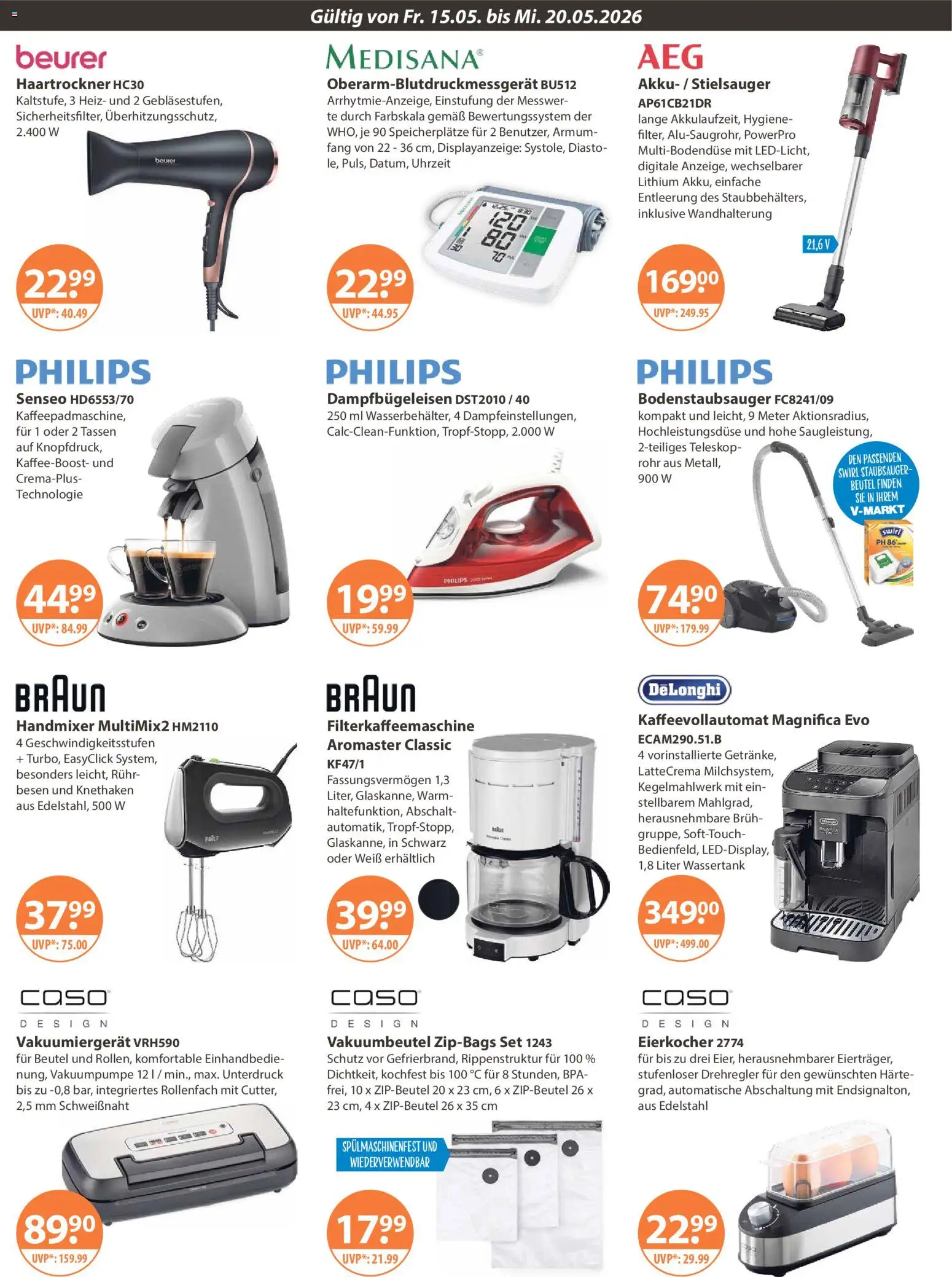V-Markt München – gültig ab 15.05.2026 | Seite: 20 | Produkte: Philips, Senseo, Haartrockner, Kaffeevollautomat