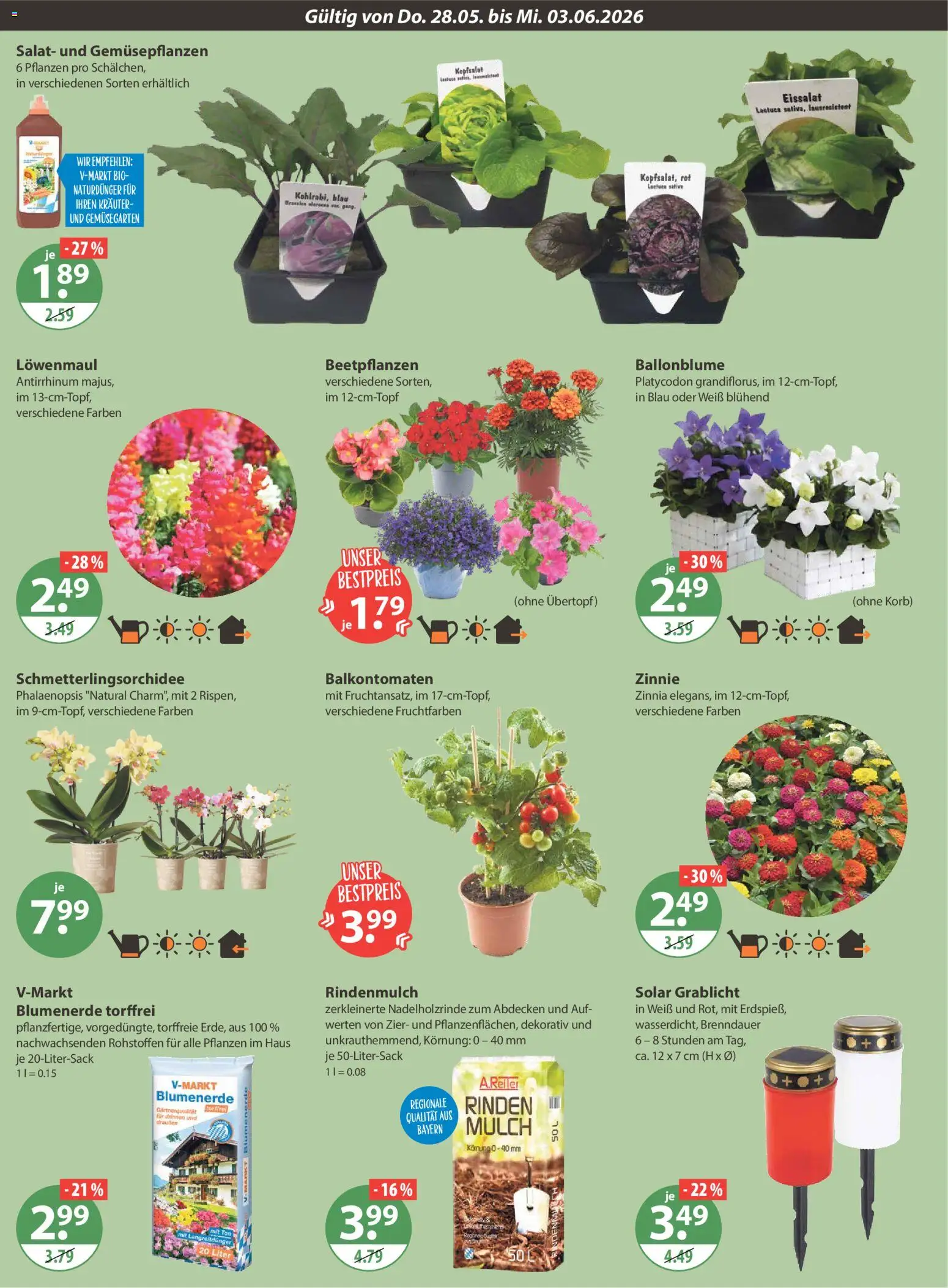 V-Markt Angebote – gültig ab 28.05.2026 | Seite: 20 | Produkte: Rindenmulch, Blumenerde, Eissalat, Salat