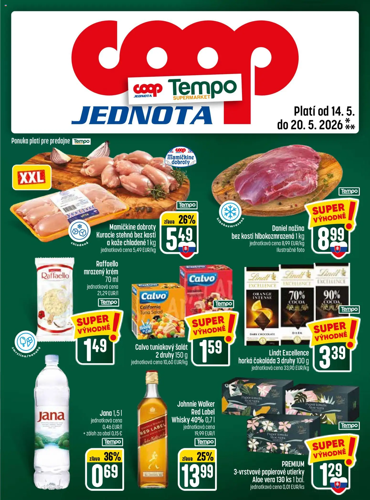 Nové COOP Jednota akcie – leták je platný od 14.05.2026 | Strana: 25 | Produkty: Čokoláda, Kuracie stehná, Krém, Whisky