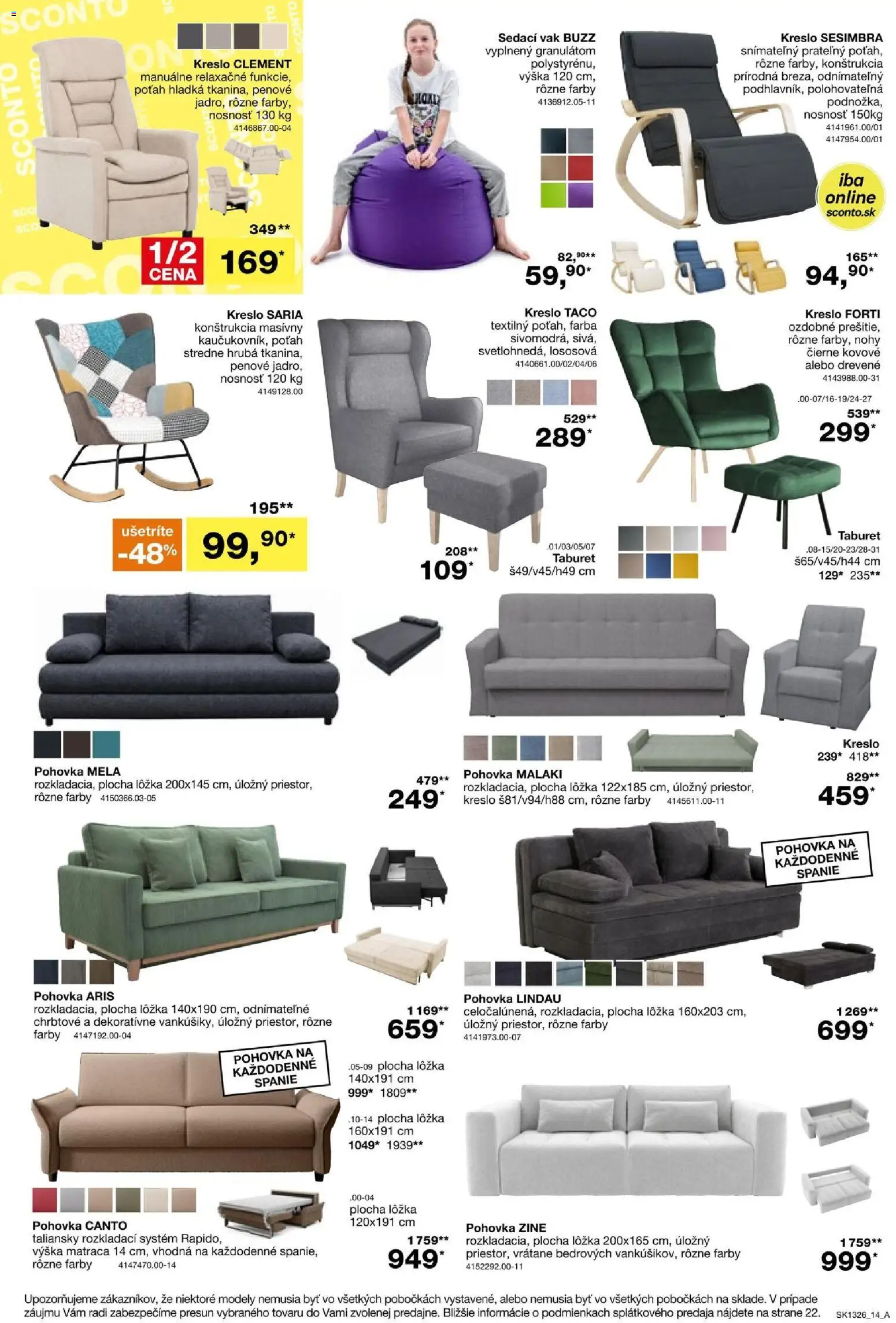 Nové Sconto nábytok akcie – leták je platný od 14.10.2026 | Strana: 14 | Produkty: Pohovka, Sedací vak, Taburet