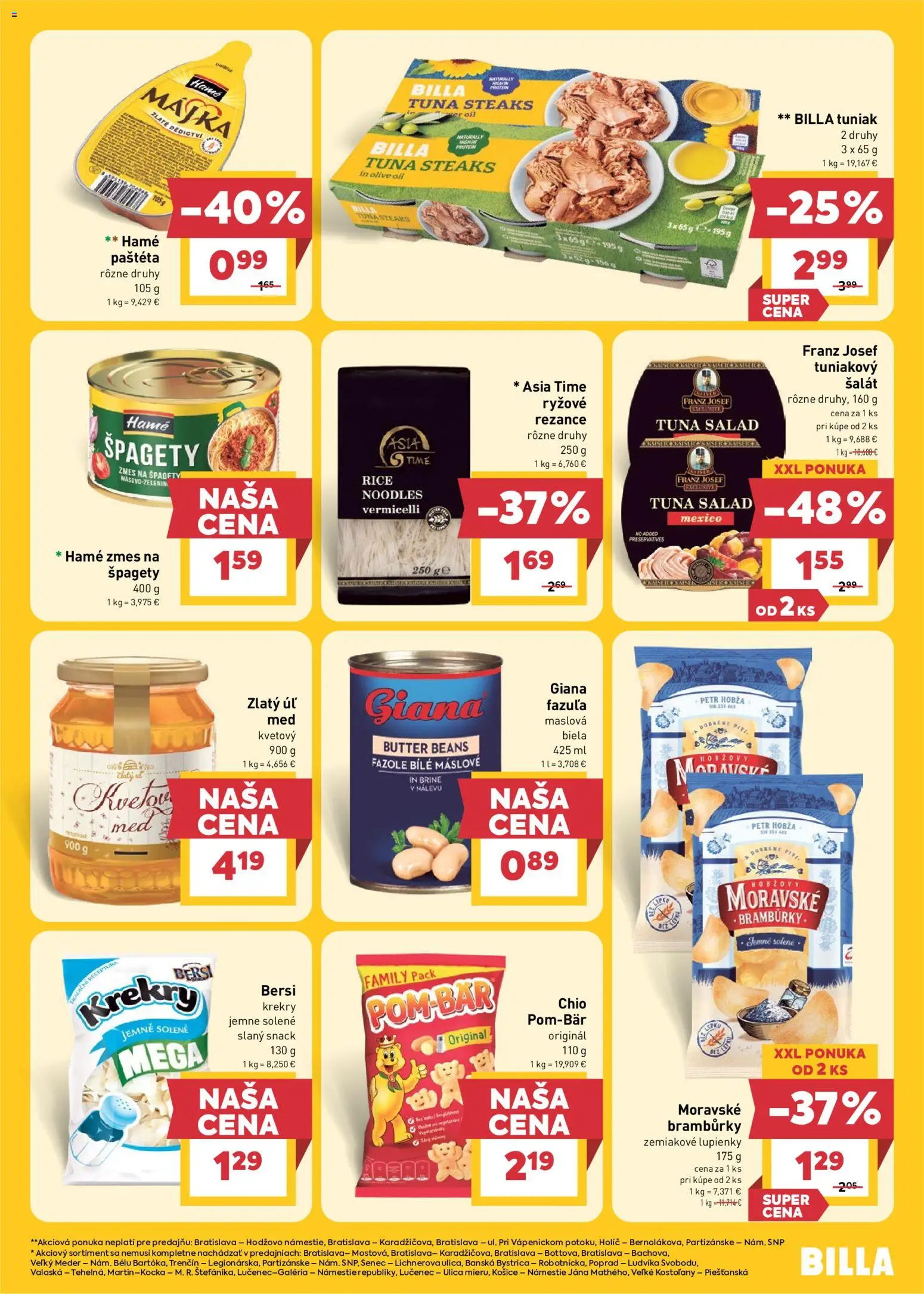 Nové Billa akcie – leták je platný od 06.05.2026 | Strana: 15 | Produkty: Tuniak, Rezance, Med, Špagety