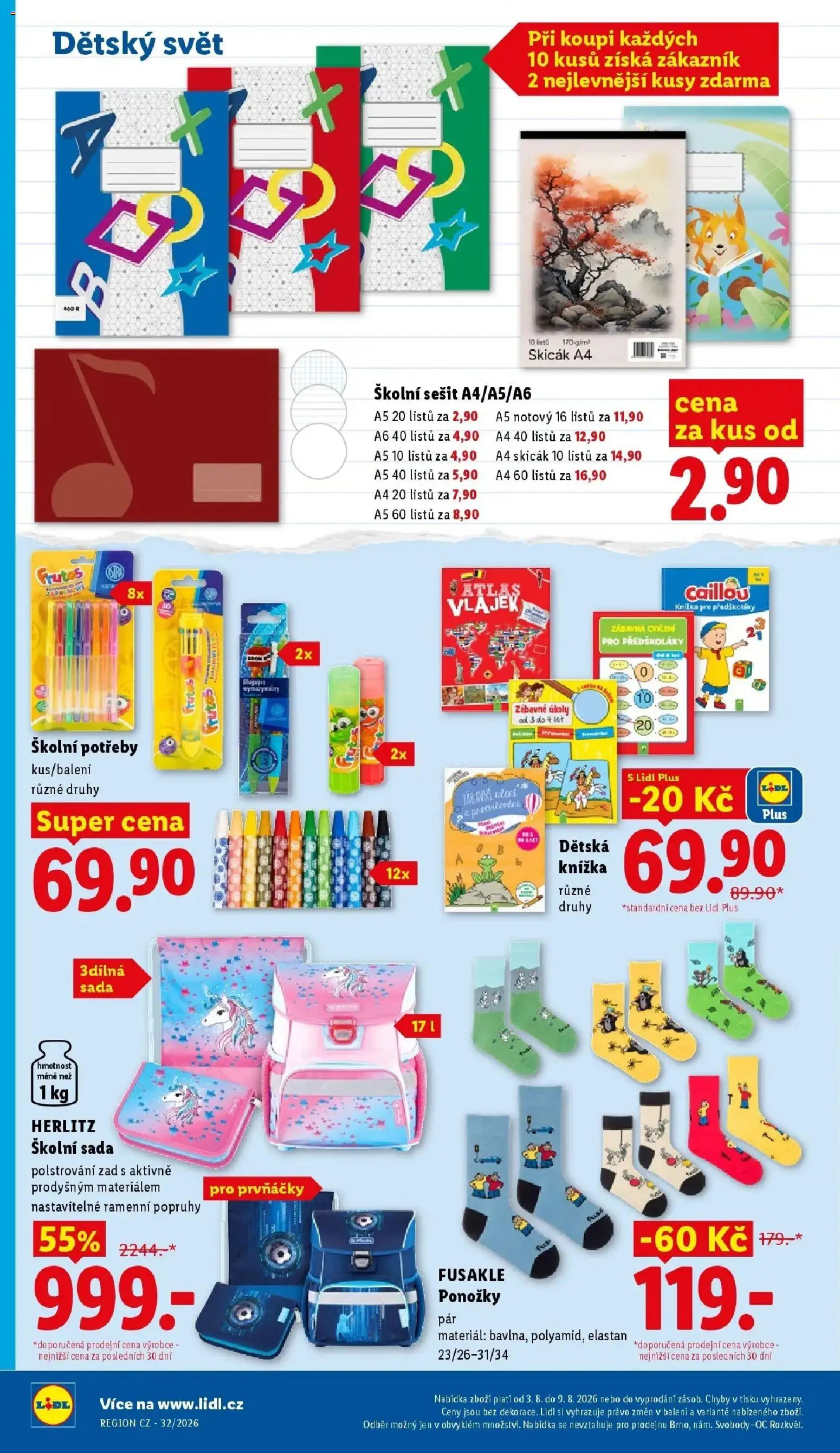 Lidl aktuální leták - Spotřební zboží od 03.08.2026 | Strana: 8 | Produkty: Ponožky, Notebook, Knížka, Školní potřeby