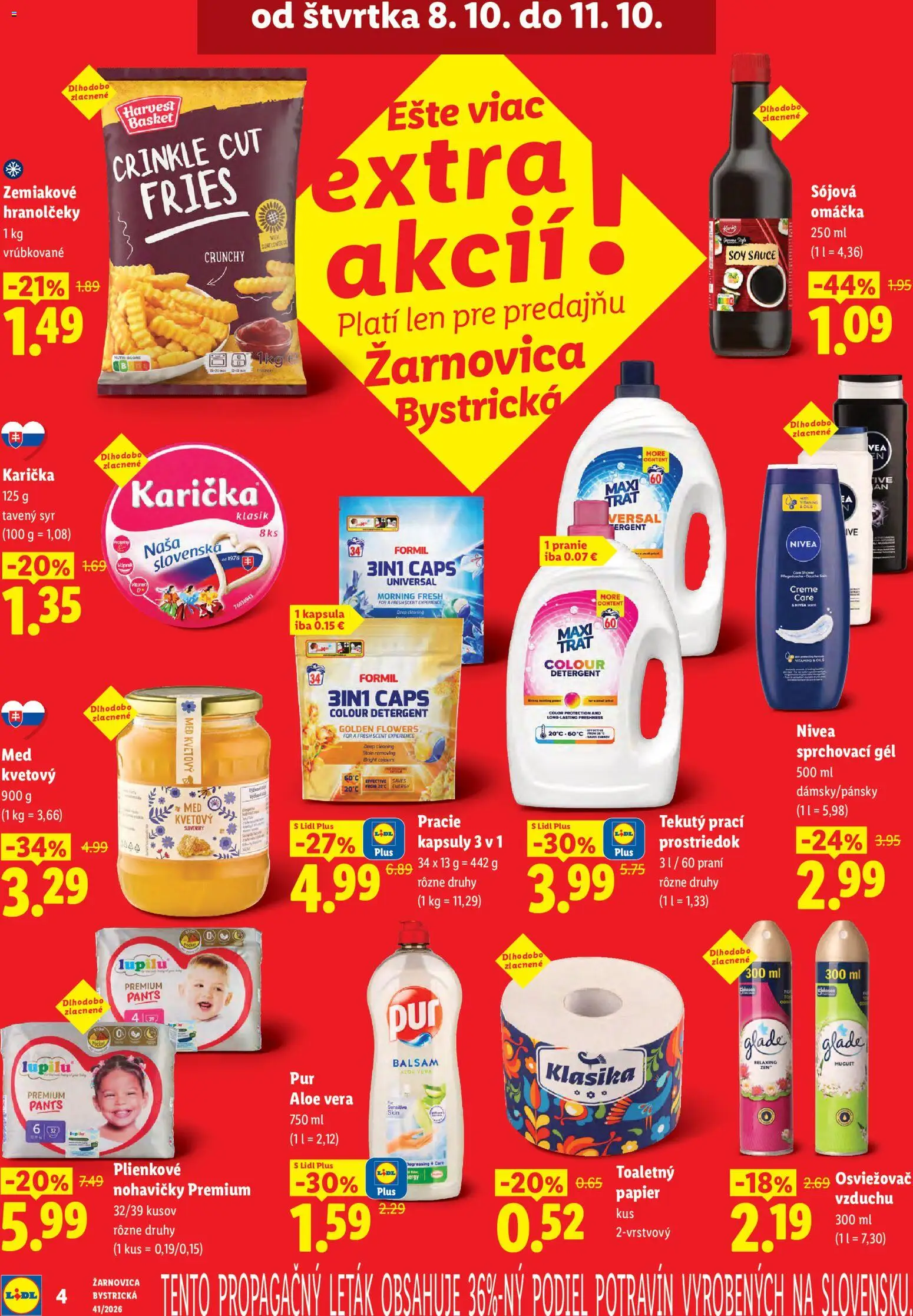 Nové Lidl akcie – leták je platný od 08.10.2026 | Strana: 4 | Produkty: Osviežovač vzduchu, Syr, Toaletný papier, Nohavičky