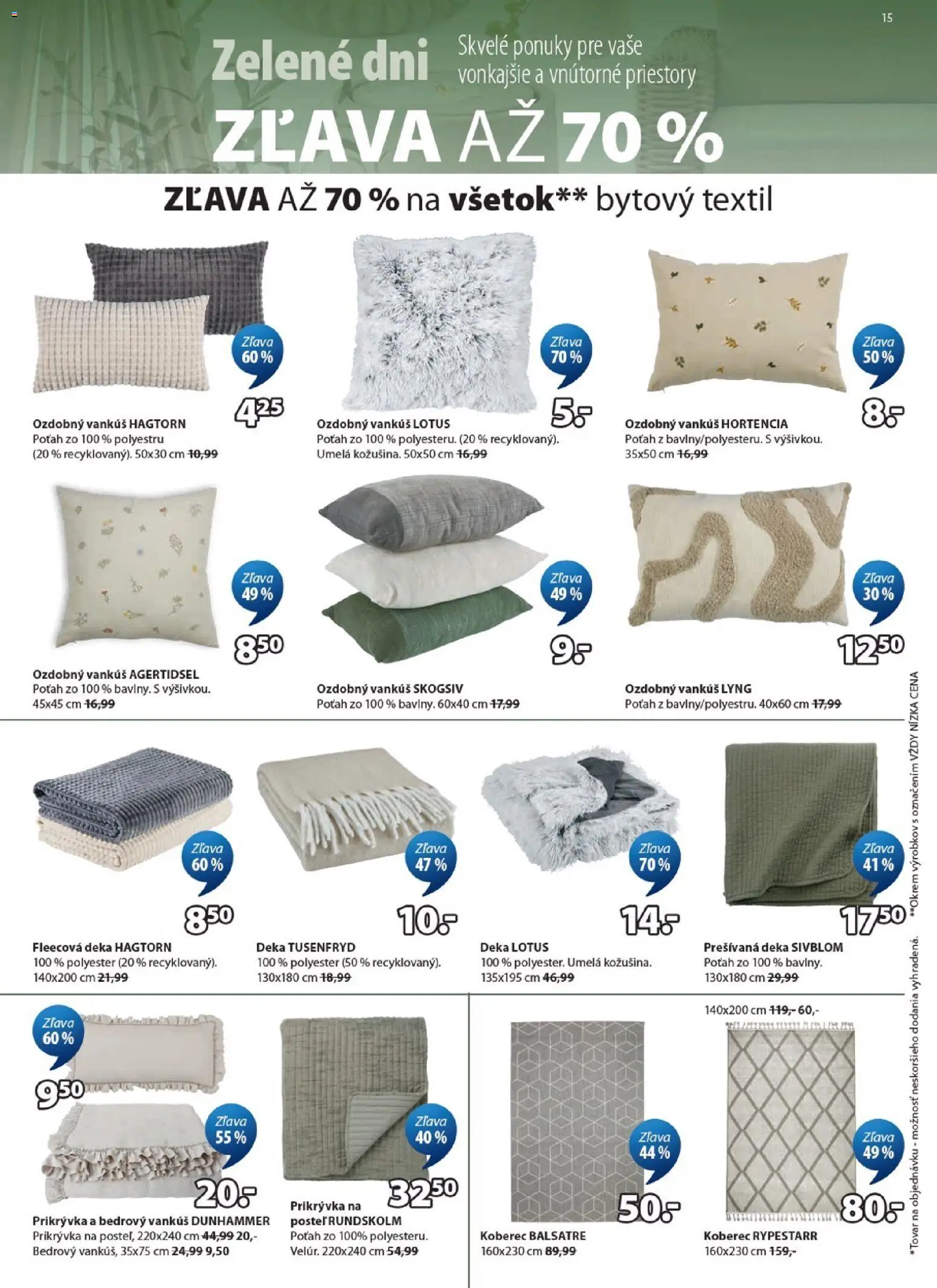 Nové JYSK akcie – leták je platný od 20.05.2026 | Strana: 15 | Produkty: Vankúš, Koberec